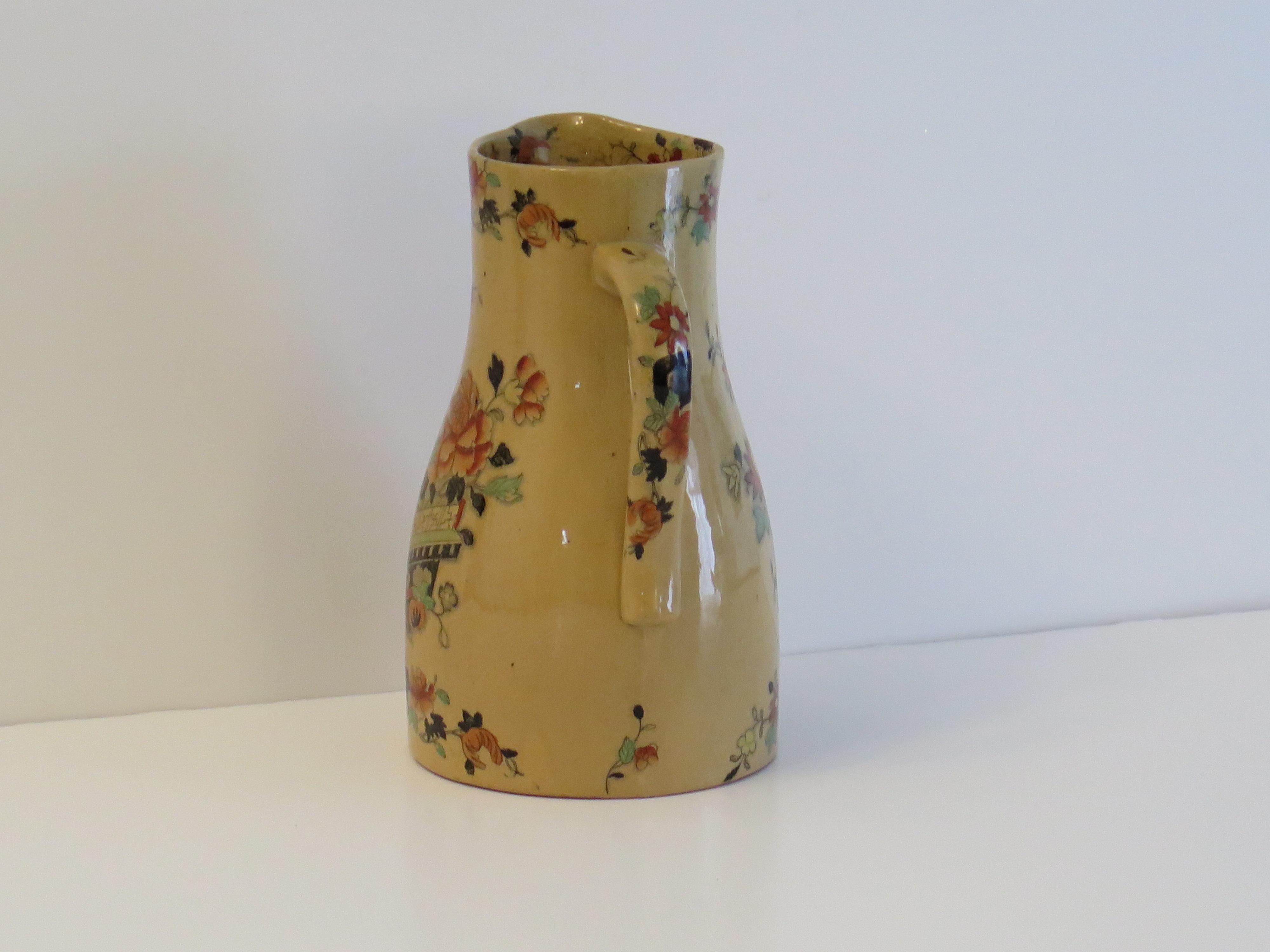 Hand-Painted Rare Mason's Ironstone Jug or Pitcher in Flower Box Pattern, Circa 1840