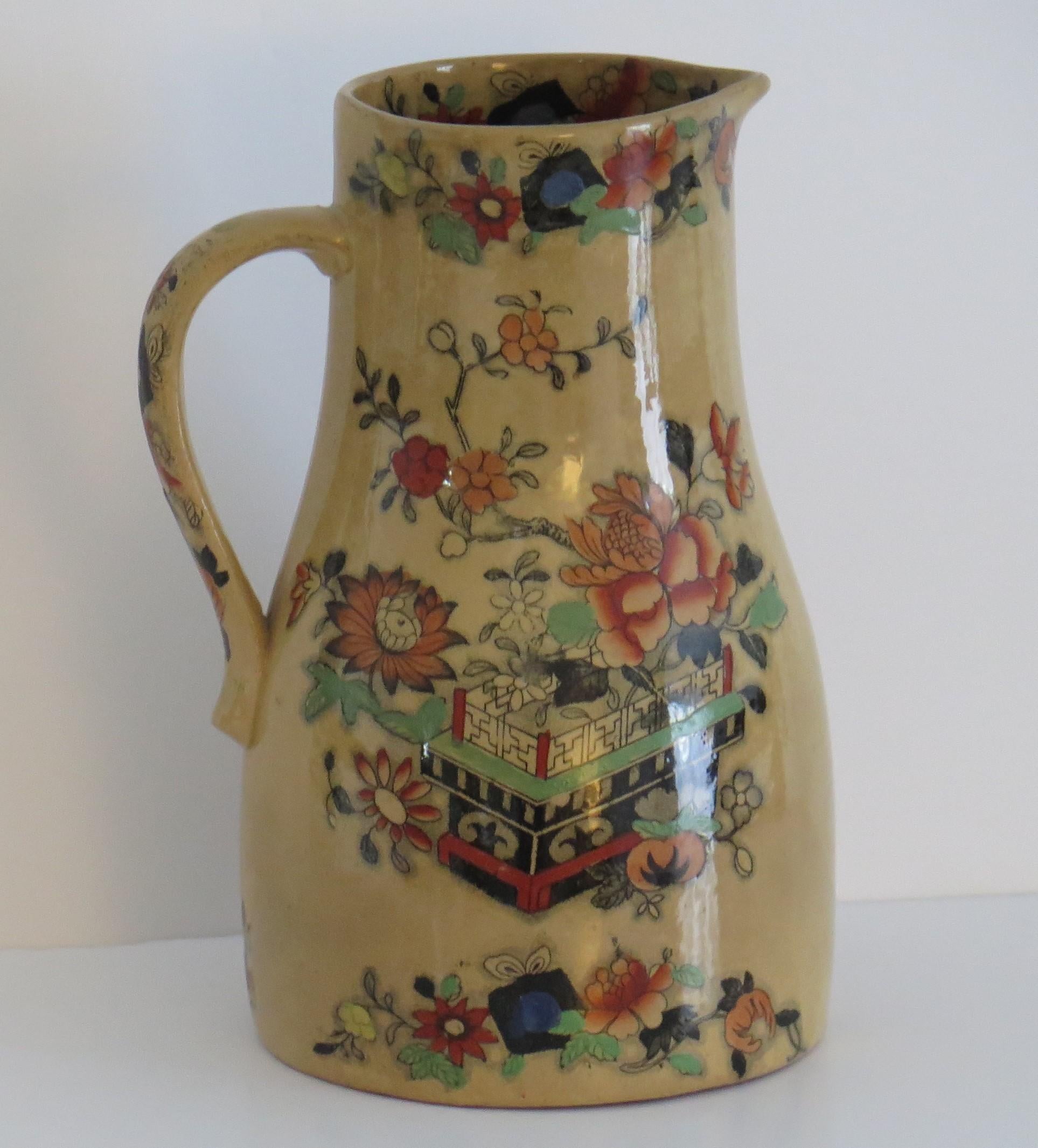 Hand-Painted Rare Mason's Ironstone Large Jug or Pitcher in Flower Box Pattern, Circa 1840