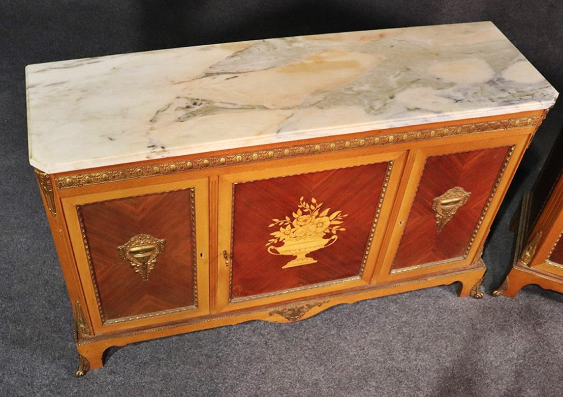 Rare Matched Pair of French Inlaid Satinwood Marble-Top Sideboards Servers 5