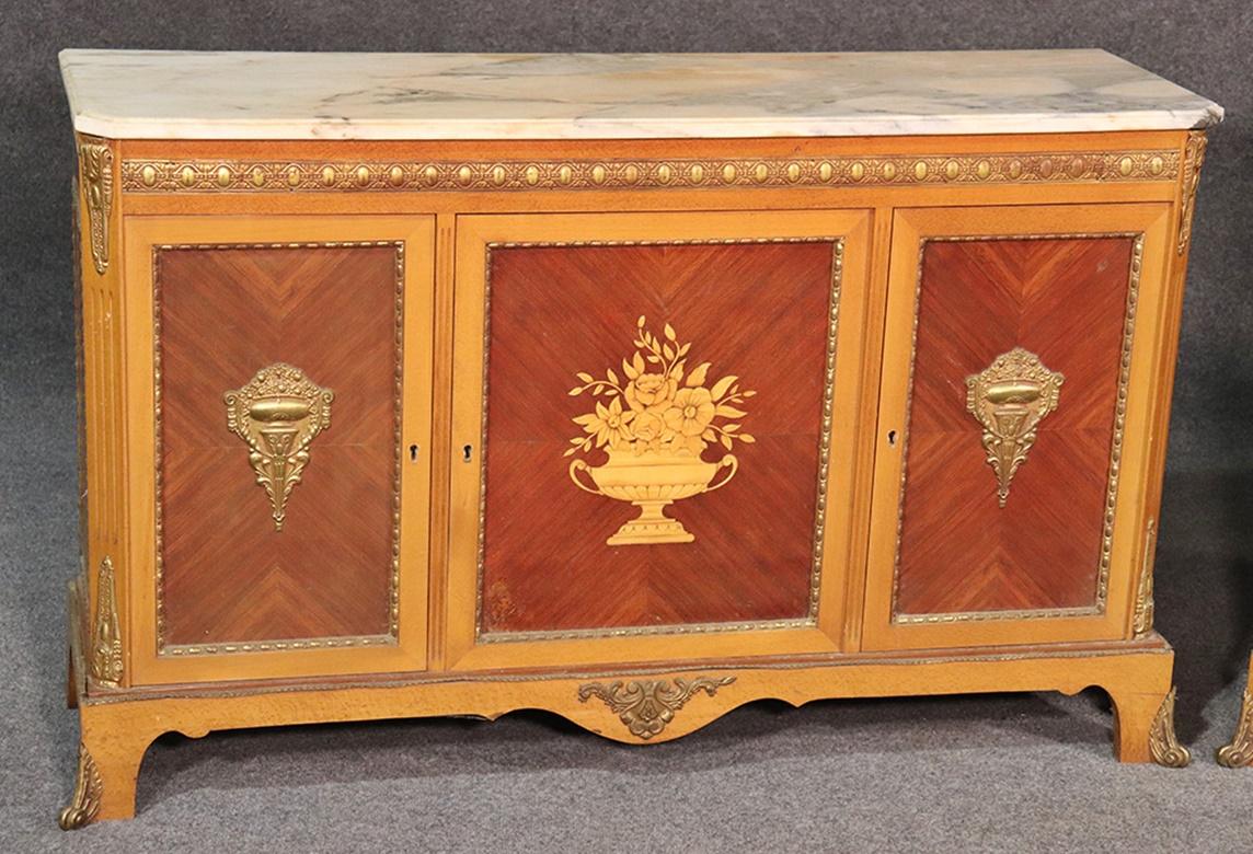 Regency Rare Matched Pair of French Inlaid Satinwood Marble-Top Sideboards Servers