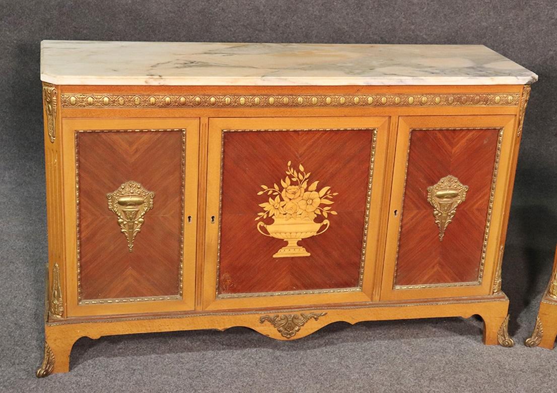 Rare Matched Pair of French Inlaid Satinwood Marble-Top Sideboards Servers In Good Condition In Swedesboro, NJ