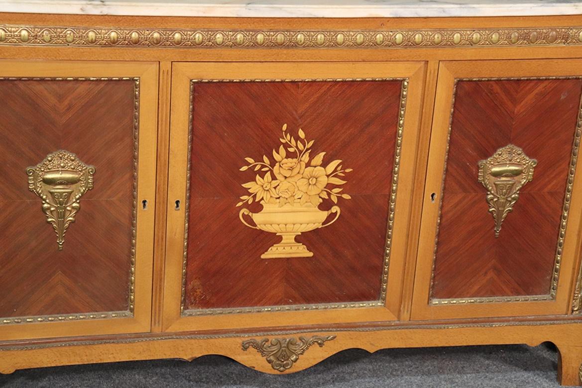 20th Century Rare Matched Pair of French Inlaid Satinwood Marble-Top Sideboards Servers