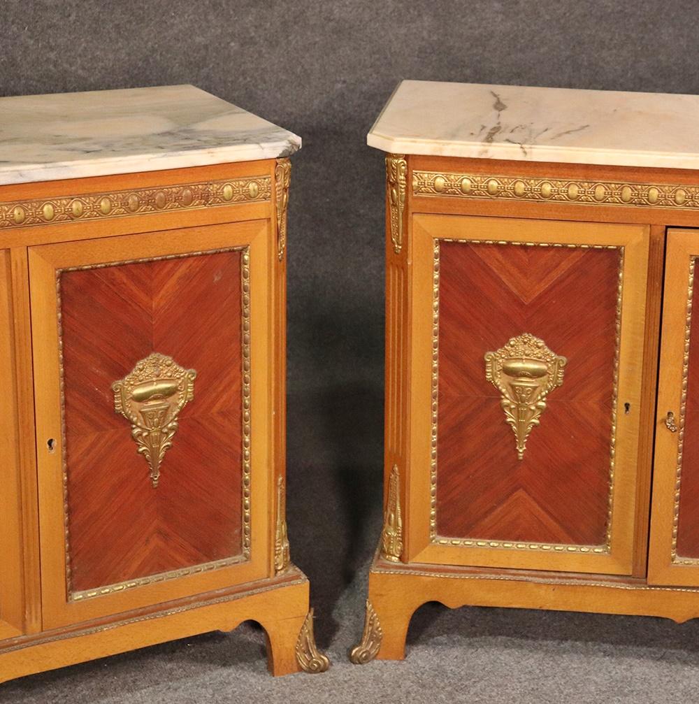 Rare Matched Pair of French Inlaid Satinwood Marble-Top Sideboards Servers 1