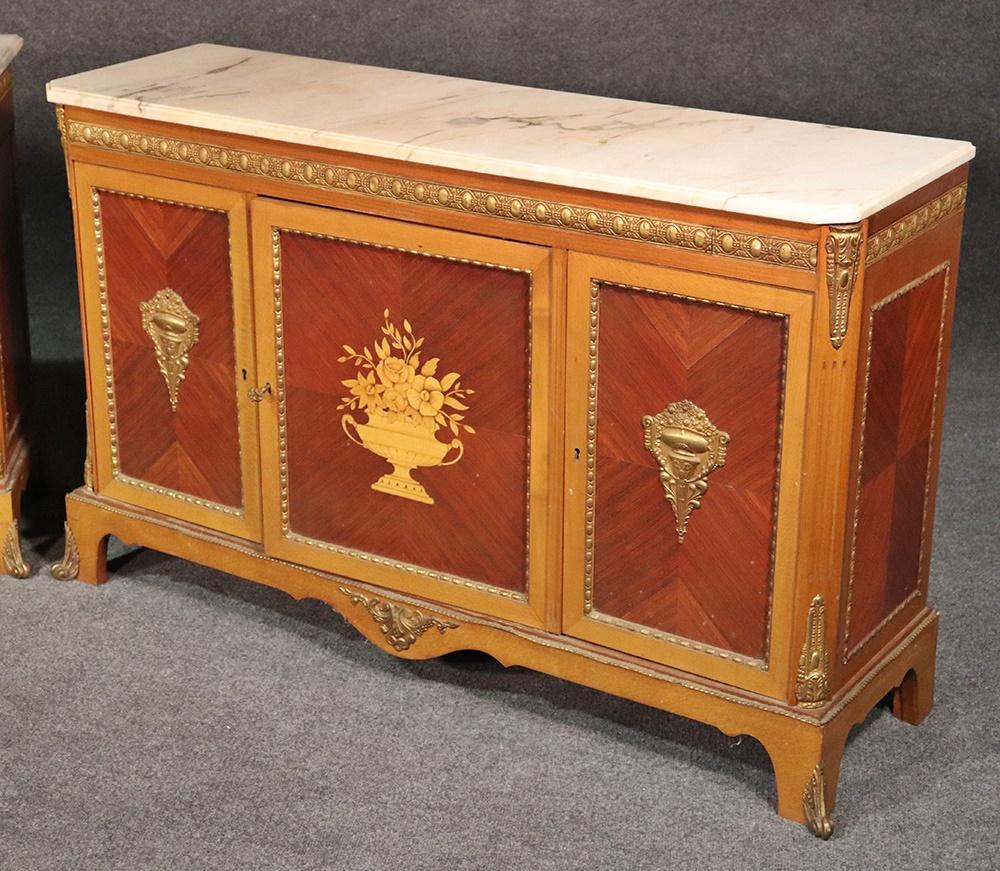 Rare Matched Pair of French Inlaid Satinwood Marble-Top Sideboards Servers 2