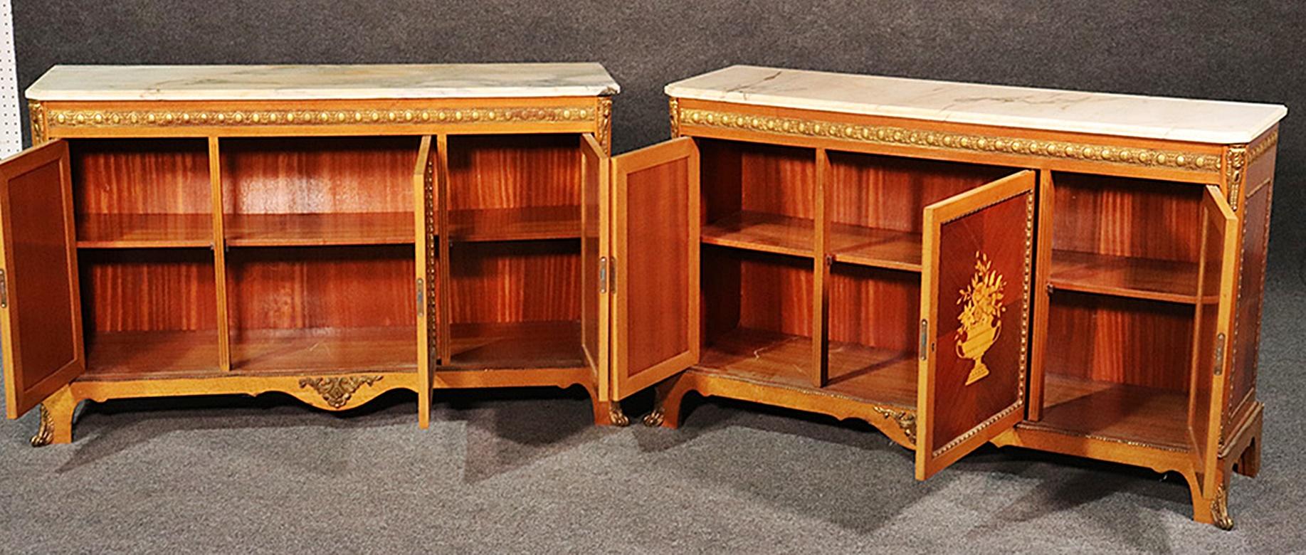 Rare Matched Pair of French Inlaid Satinwood Marble-Top Sideboards Servers 4