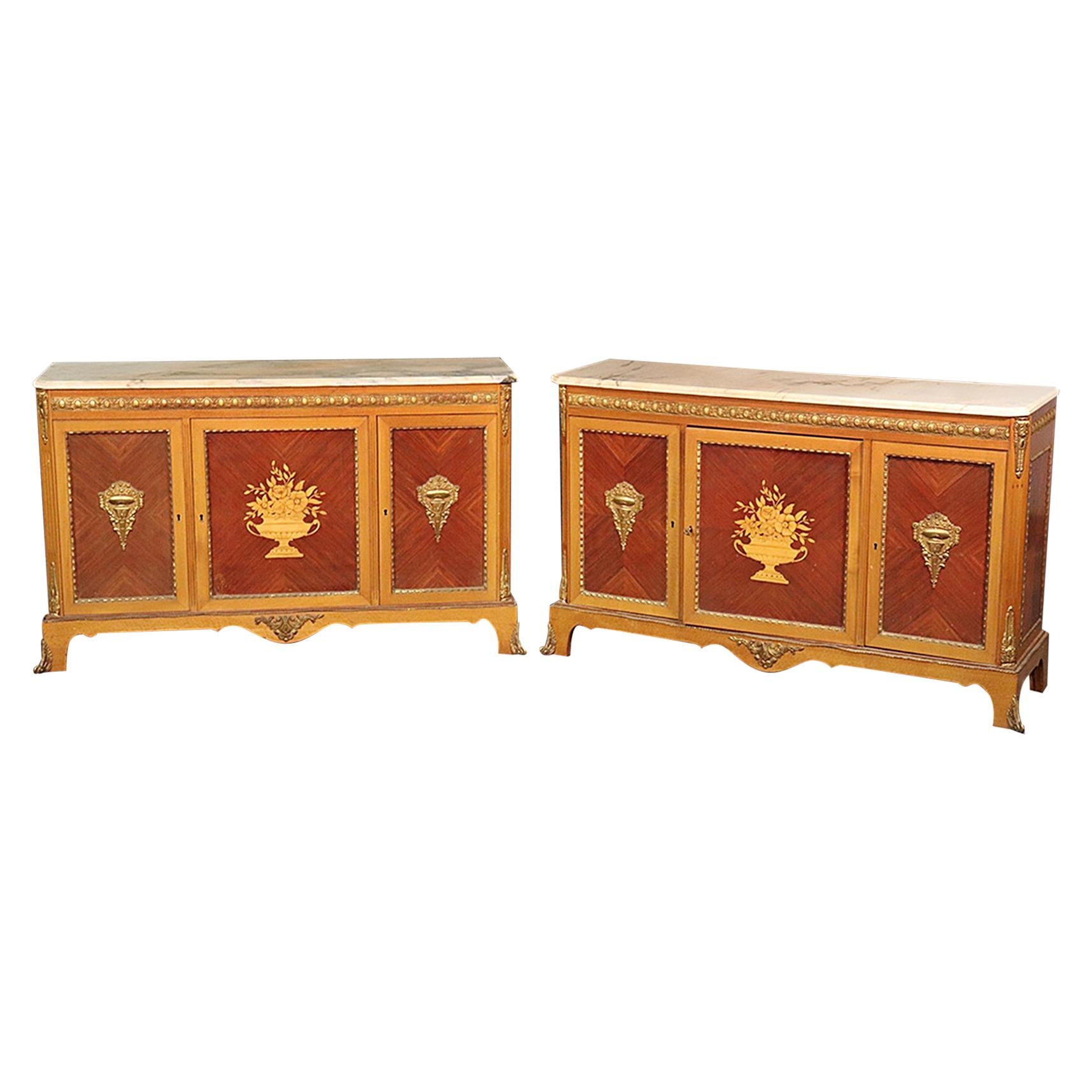 Rare Matched Pair of French Inlaid Satinwood Marble-Top Sideboards Servers