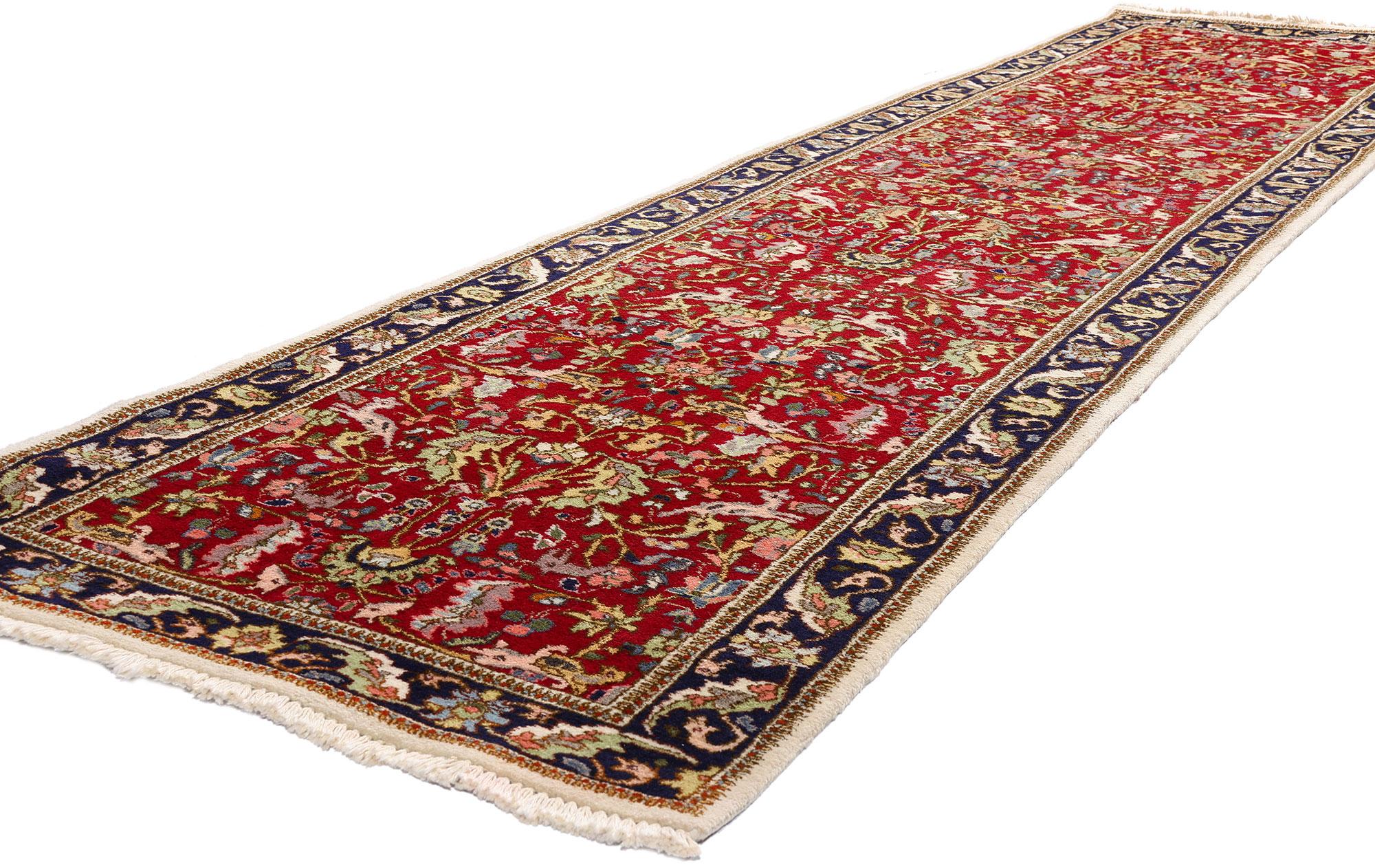 90033-90034 Rare Matching Pair of Antique Red Persian Tabriz Rug Runner, 03'02 x 13'00. Woven with courtly refinement in one of Persia’s most esteemed weaving centers, this hand-knotted wool antique Tabriz runner is a symphonic composition of color,