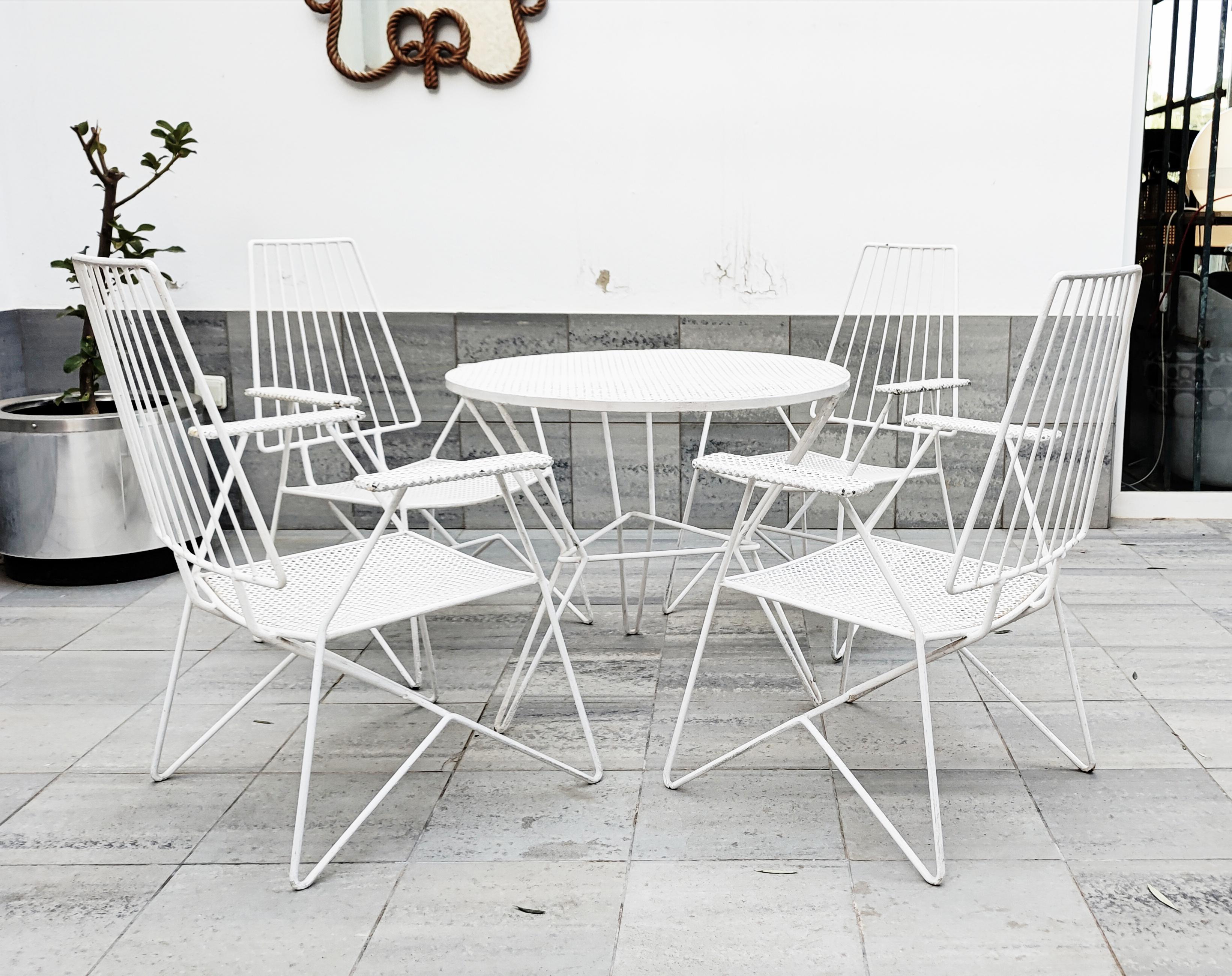 Rare Mathieu Matégot Set of Iron Low Armchairs and Table, France, 1950s 8