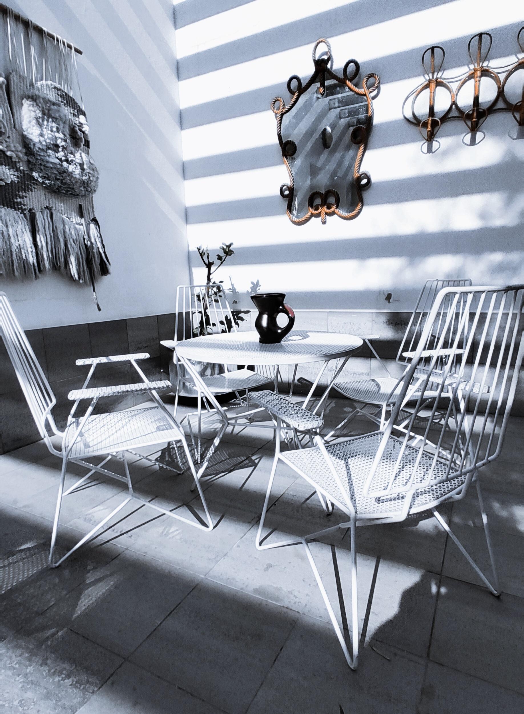 Rare Mathieu Matégot Set of Iron Low Armchairs and Table, France, 1950s 11