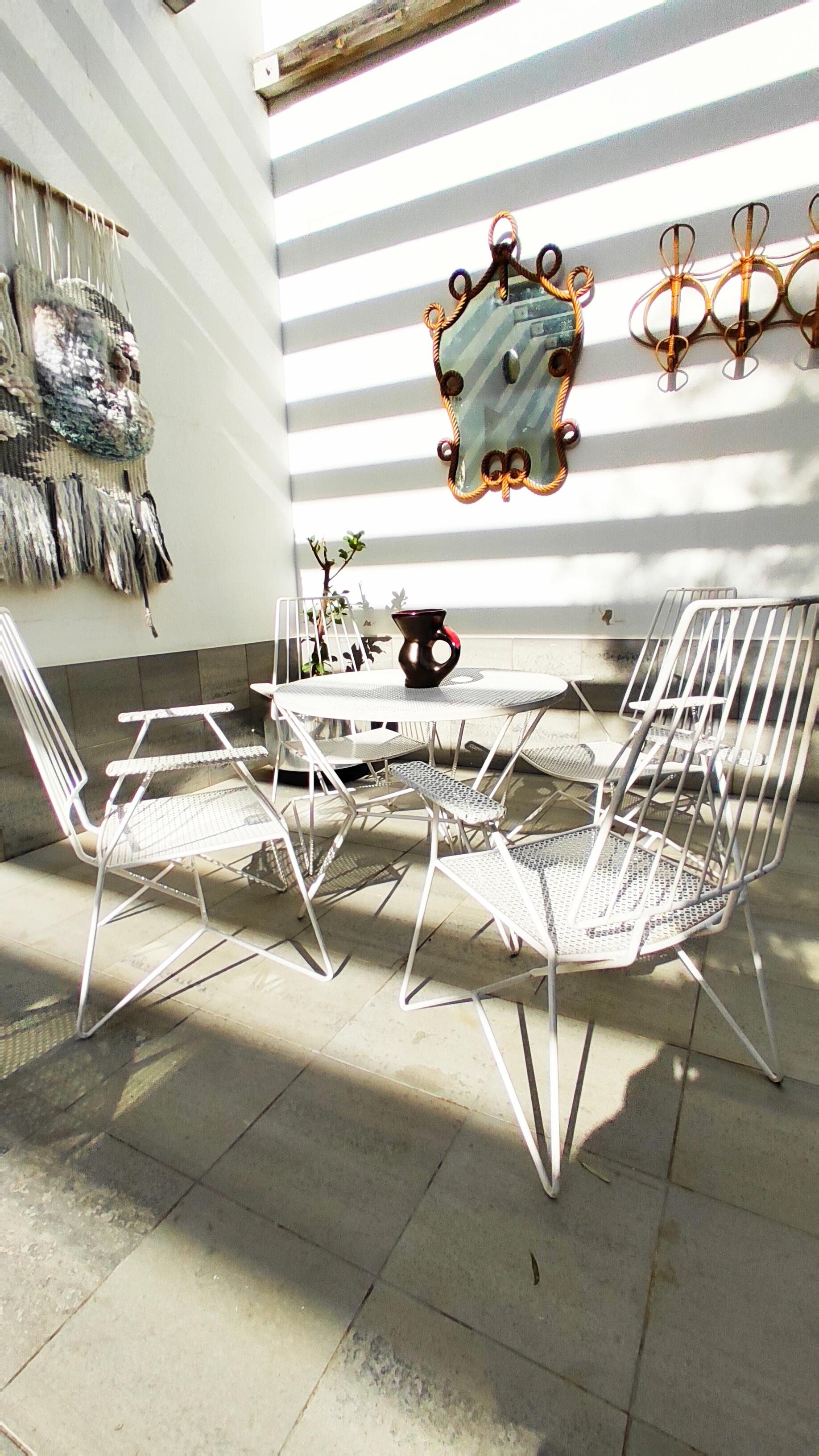 French Rare Mathieu Matégot Set of Iron Low Armchairs and Table, France, 1950s