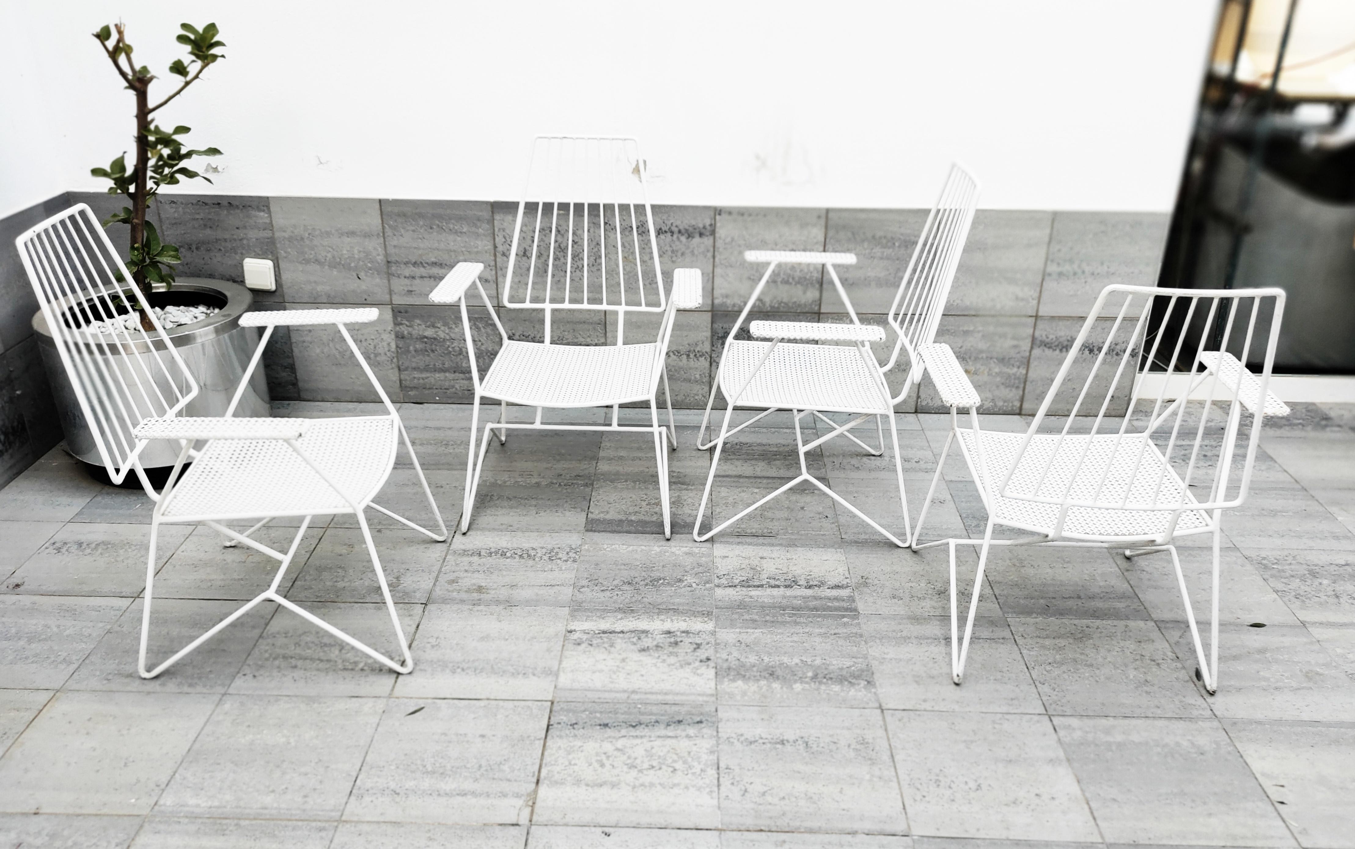 Rare Mathieu Matégot Set of Iron Low Armchairs and Table, France, 1950s 1