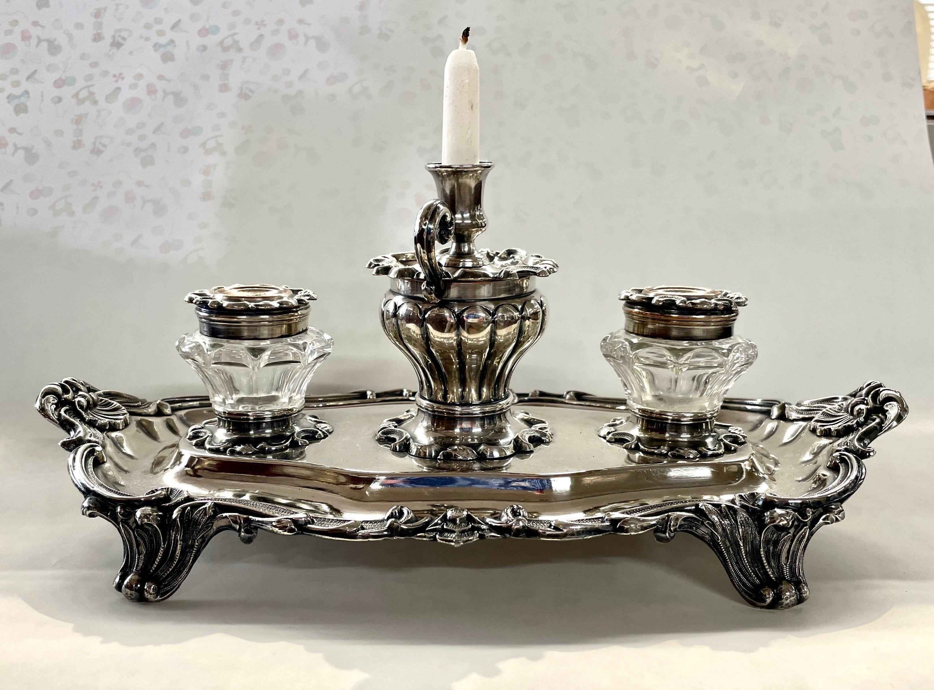 Quite possibly one of the finest pieces of original Matthew Boulton Old Sheffield Plate, this two-bottle Inkstand or Standish is a magnificent example of the silversmith with whom Old Sheffield Plate is identified as its 