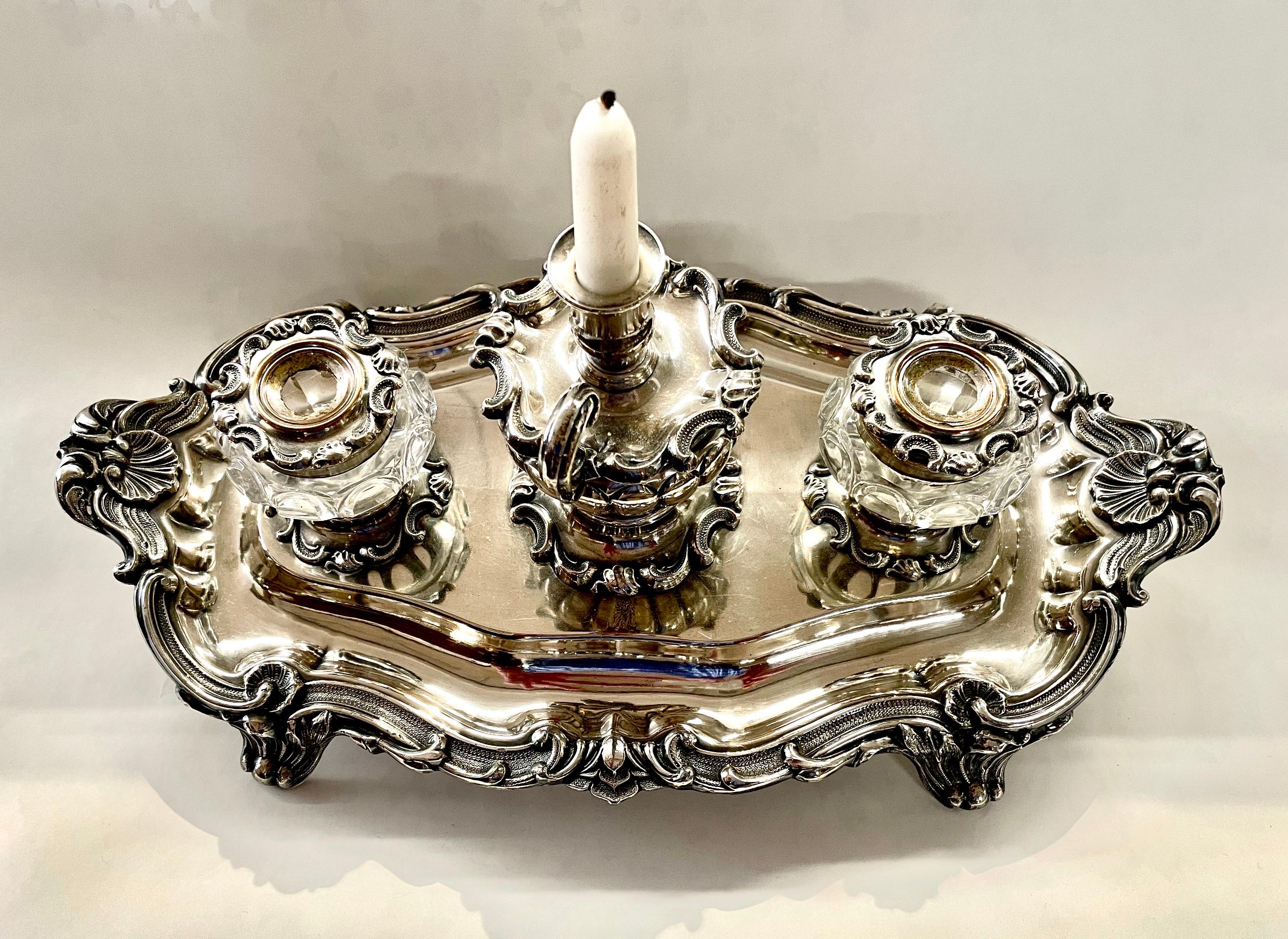 English Rare Matthew Boulton Old Sheffield Plate & Cut Crystal Rococo 2-Bottle Inkstand For Sale