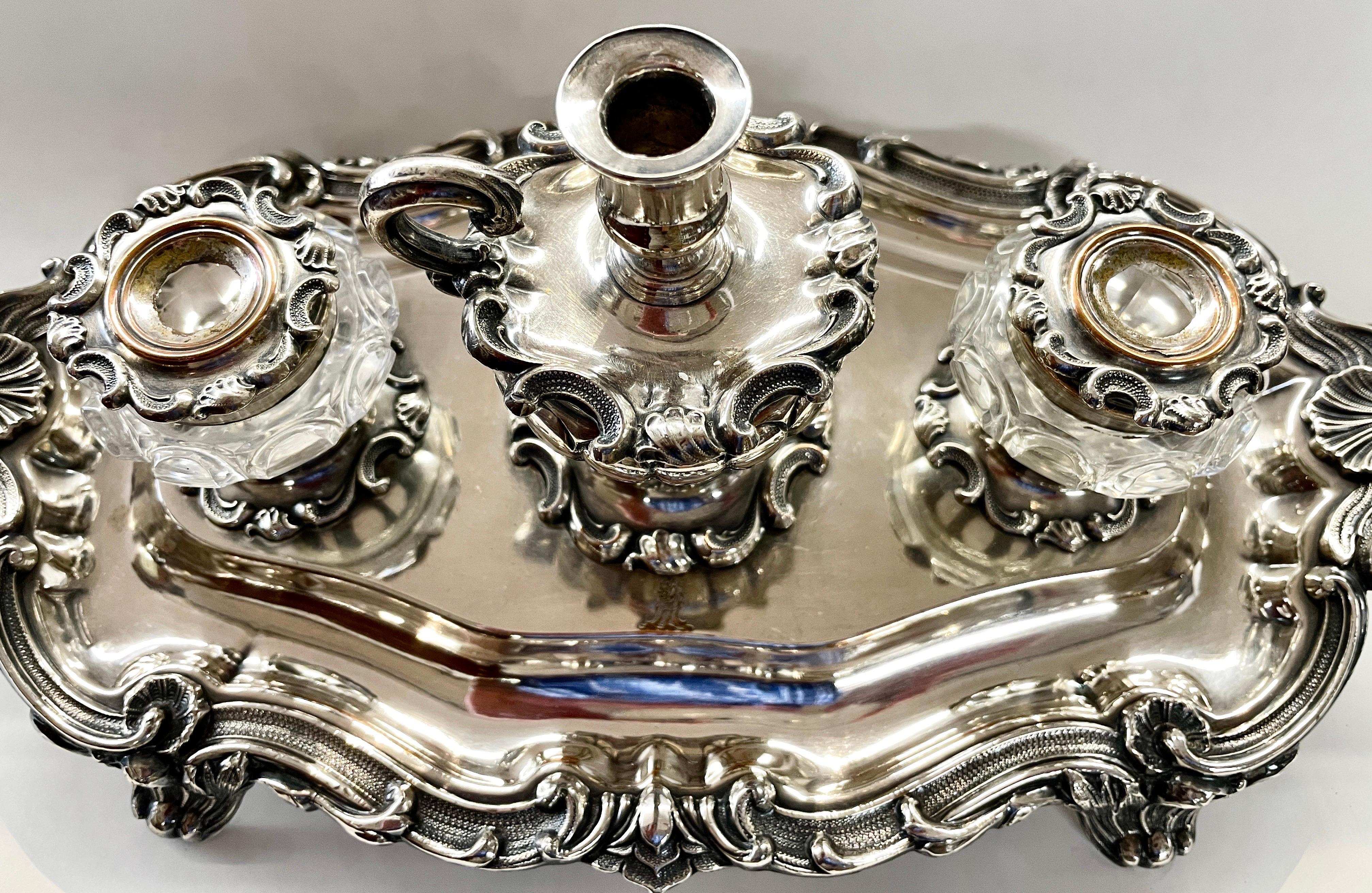 Hand-Crafted Rare Matthew Boulton Old Sheffield Plate & Cut Crystal Rococo 2-Bottle Inkstand For Sale