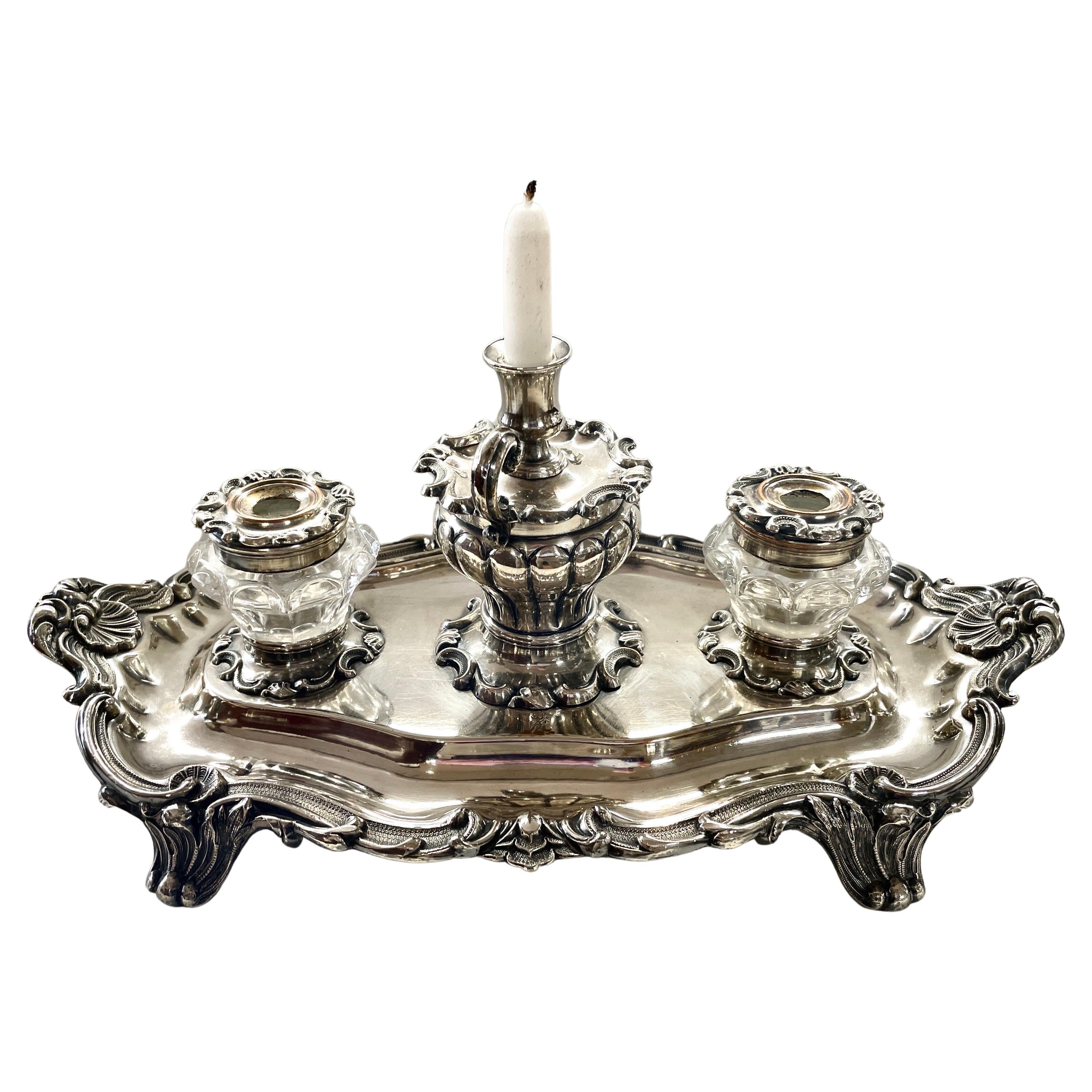 Rare Matthew Boulton Old Sheffield Plate & Cut Crystal Rococo 2-Bottle Inkstand For Sale