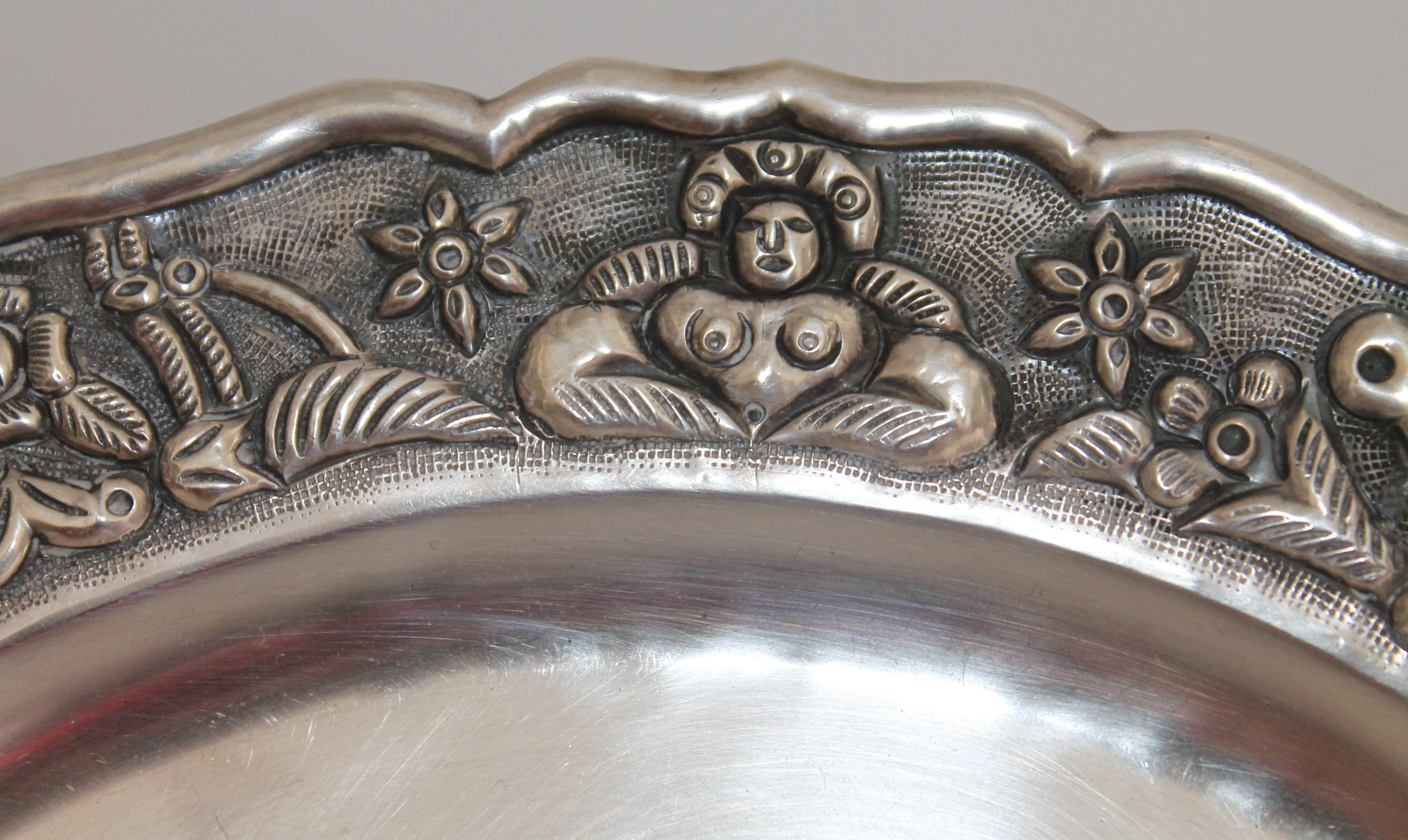 Modern Rare Mayan Indian with Aztec Mexican Design Sterling Silver Dish, 925/1000