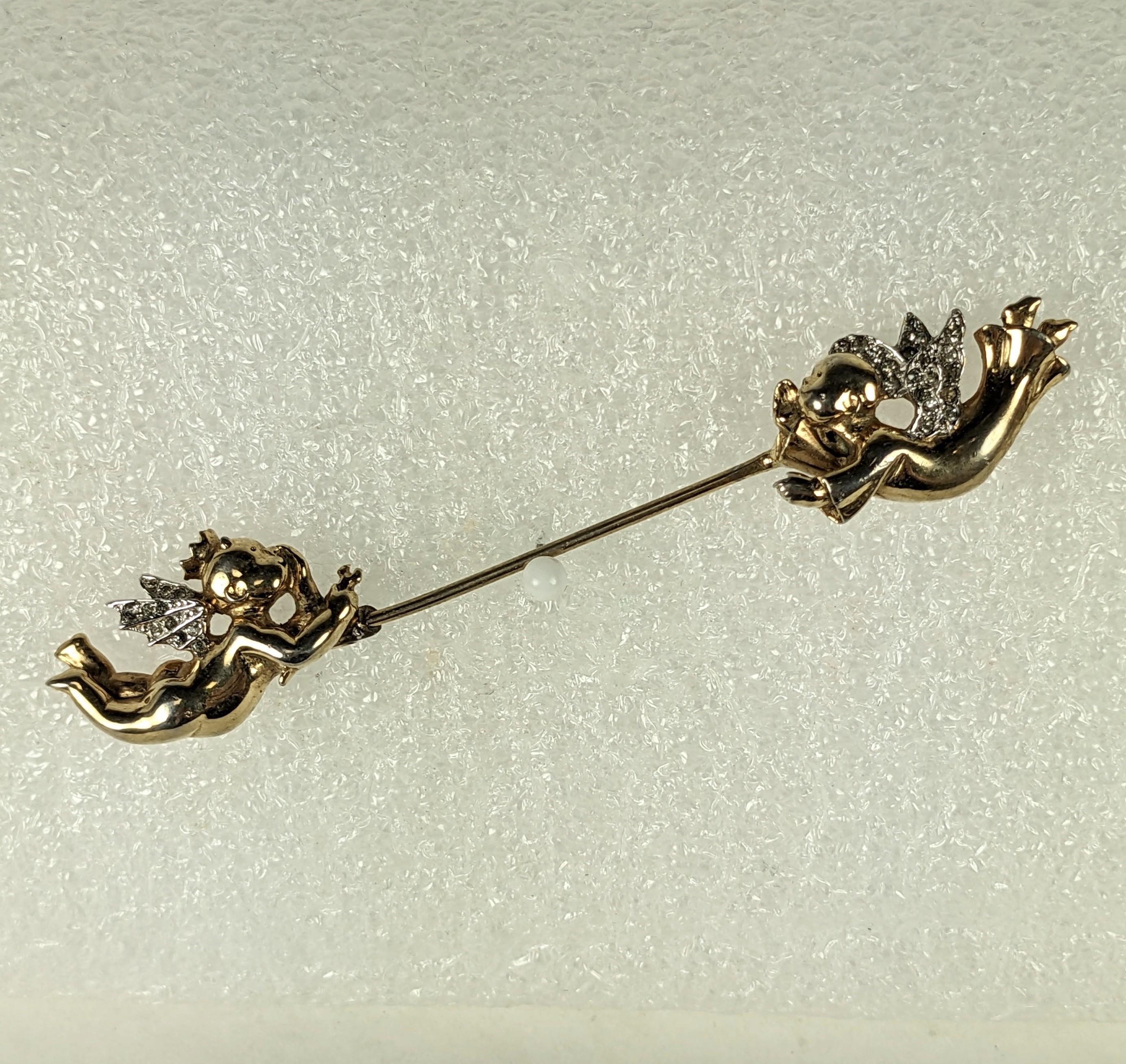 Rare Mazer, Joseph Wuyts Whispering Angel Jabot Pin from 1940's USA of gilt metal with pave accents. Rare collectable series from Mazer. 
3.5