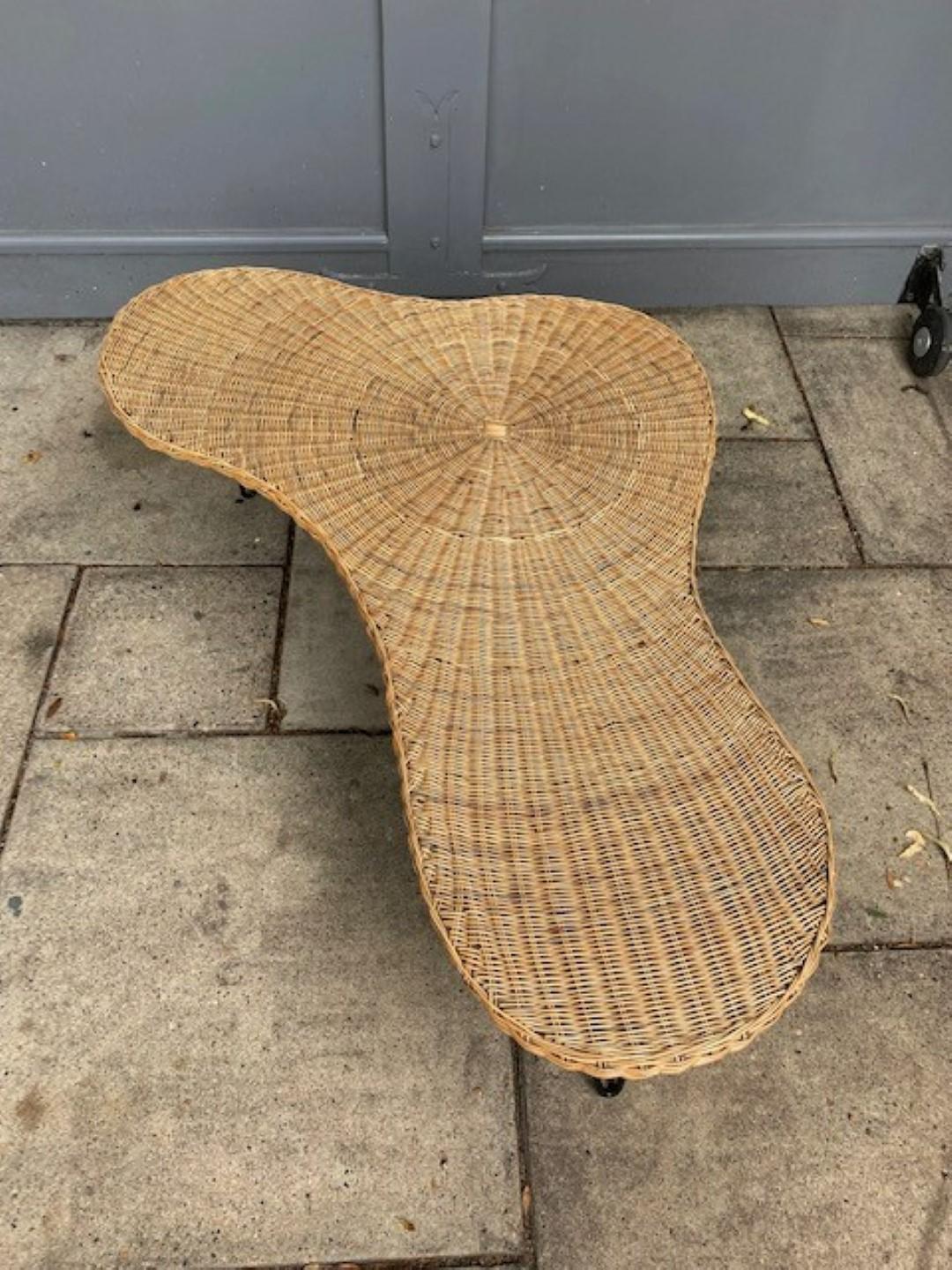 French Rare MCM Biomorphic / Amoeba Wicker & Iron Cocktail /Coffee Table, France, 1950s