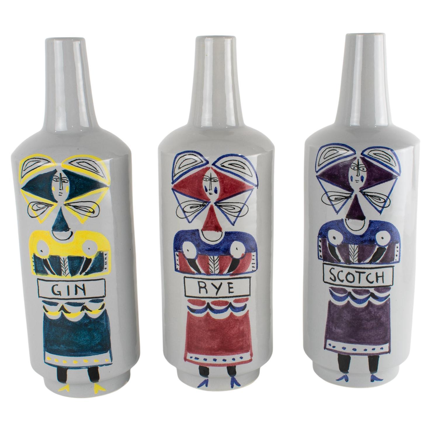 Raro trío de botellas de licor de cerámica MCM de Raymor, circa 1950