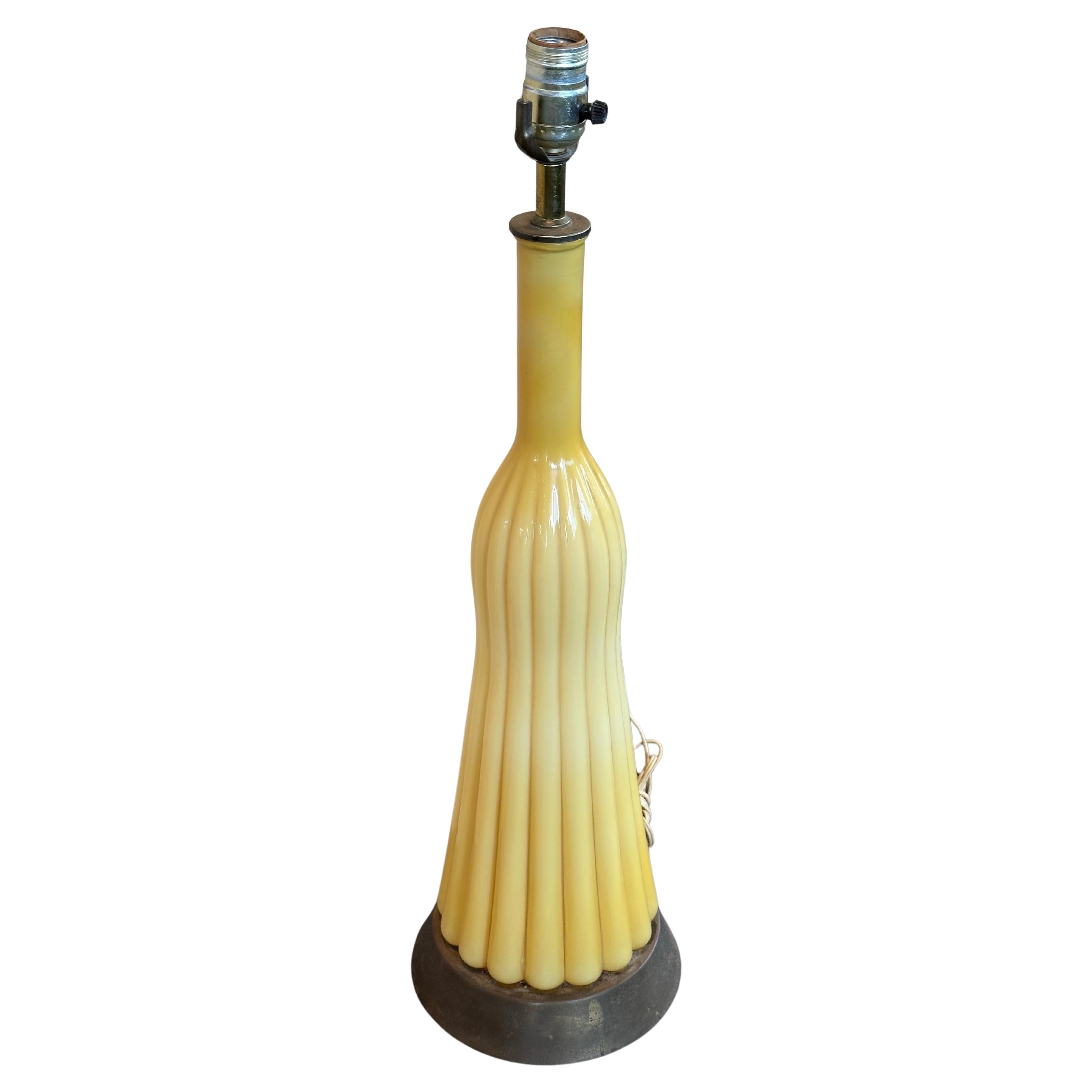 Italian Rare MCM Empoli Butterscotch Ribbed Cased Murano Glass Table Lamp For Sale