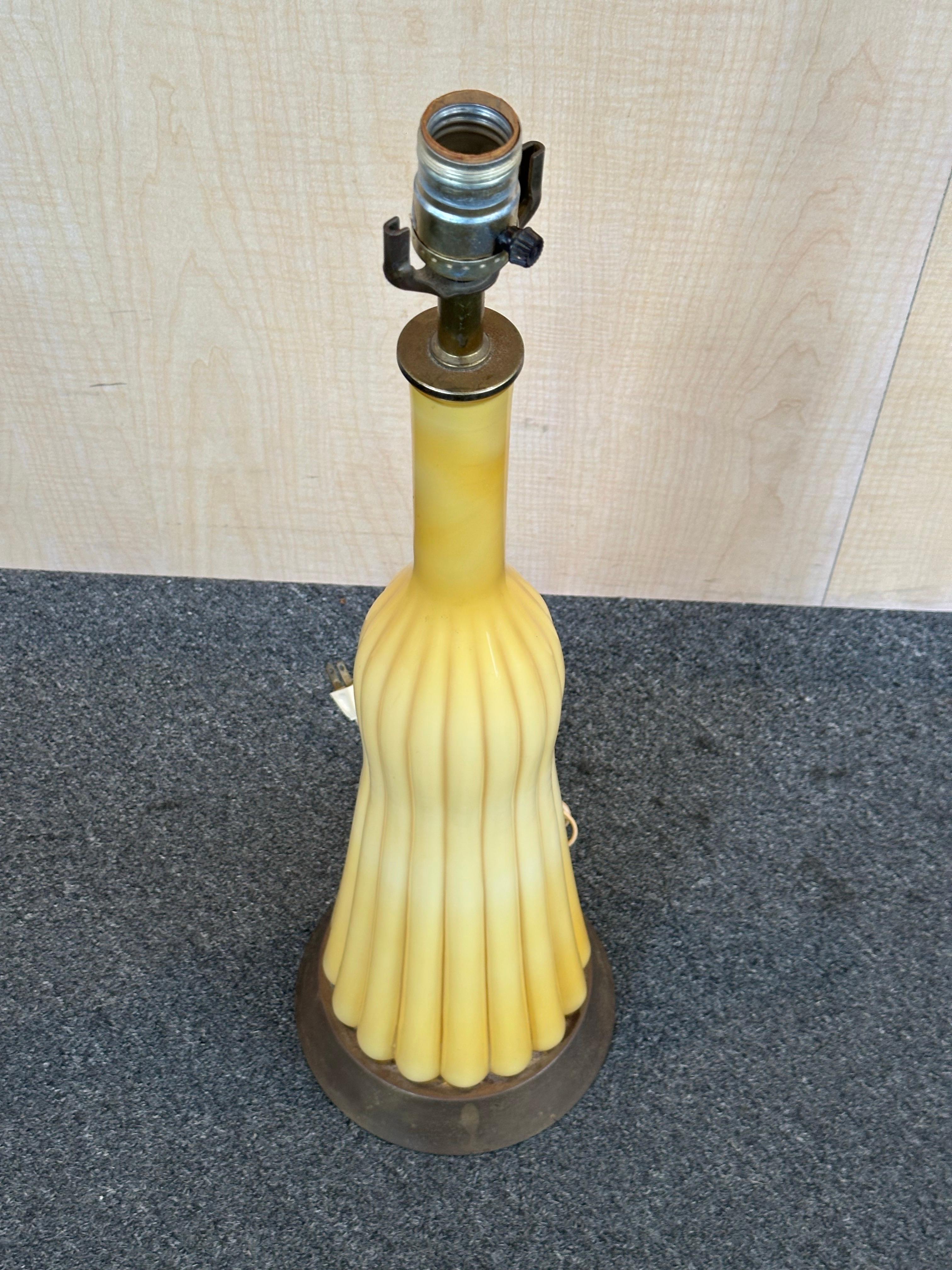 20th Century Rare MCM Empoli Butterscotch Ribbed Cased Murano Glass Table Lamp For Sale