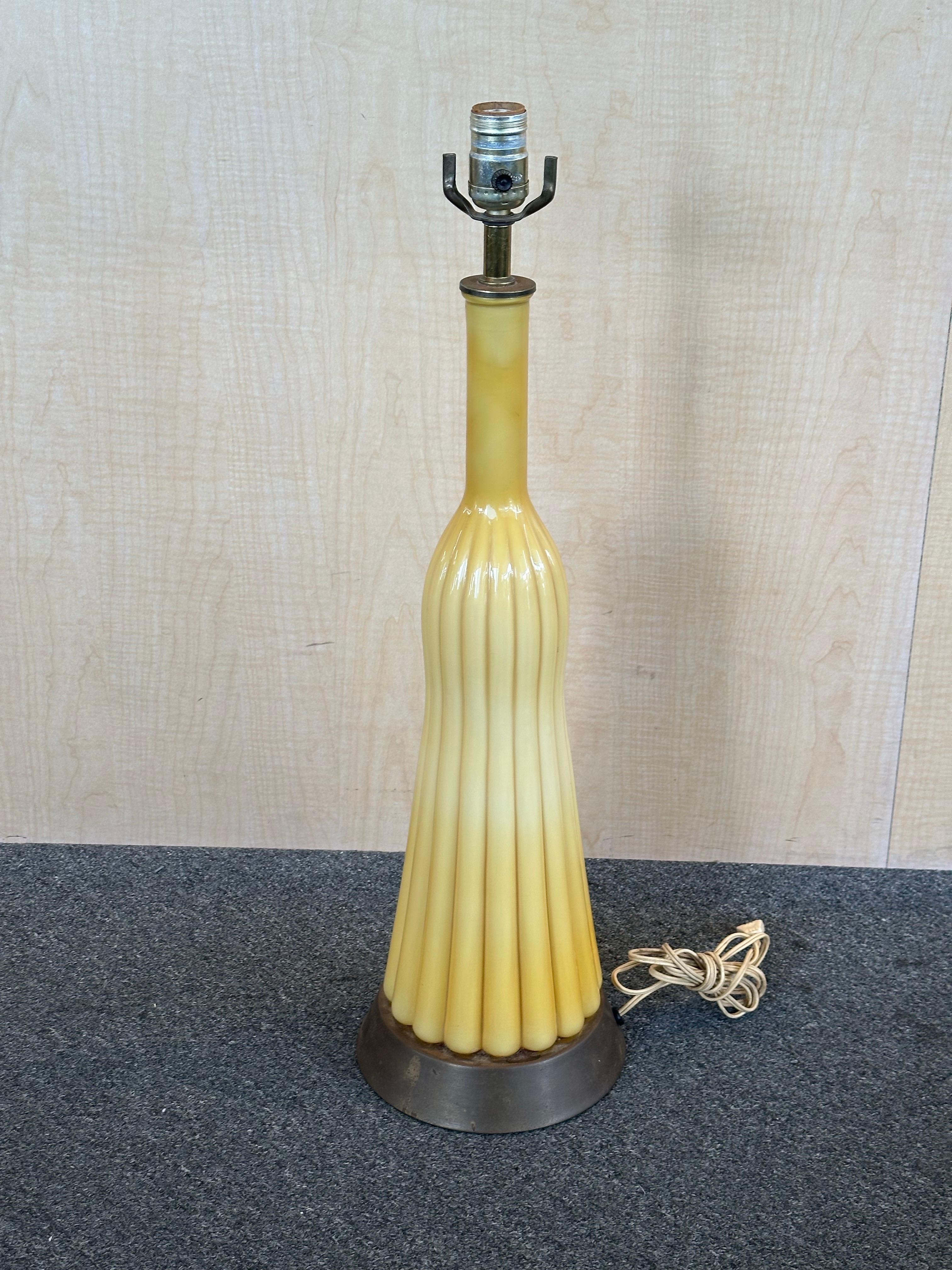 Art Glass Rare MCM Empoli Butterscotch Ribbed Cased Murano Glass Table Lamp For Sale