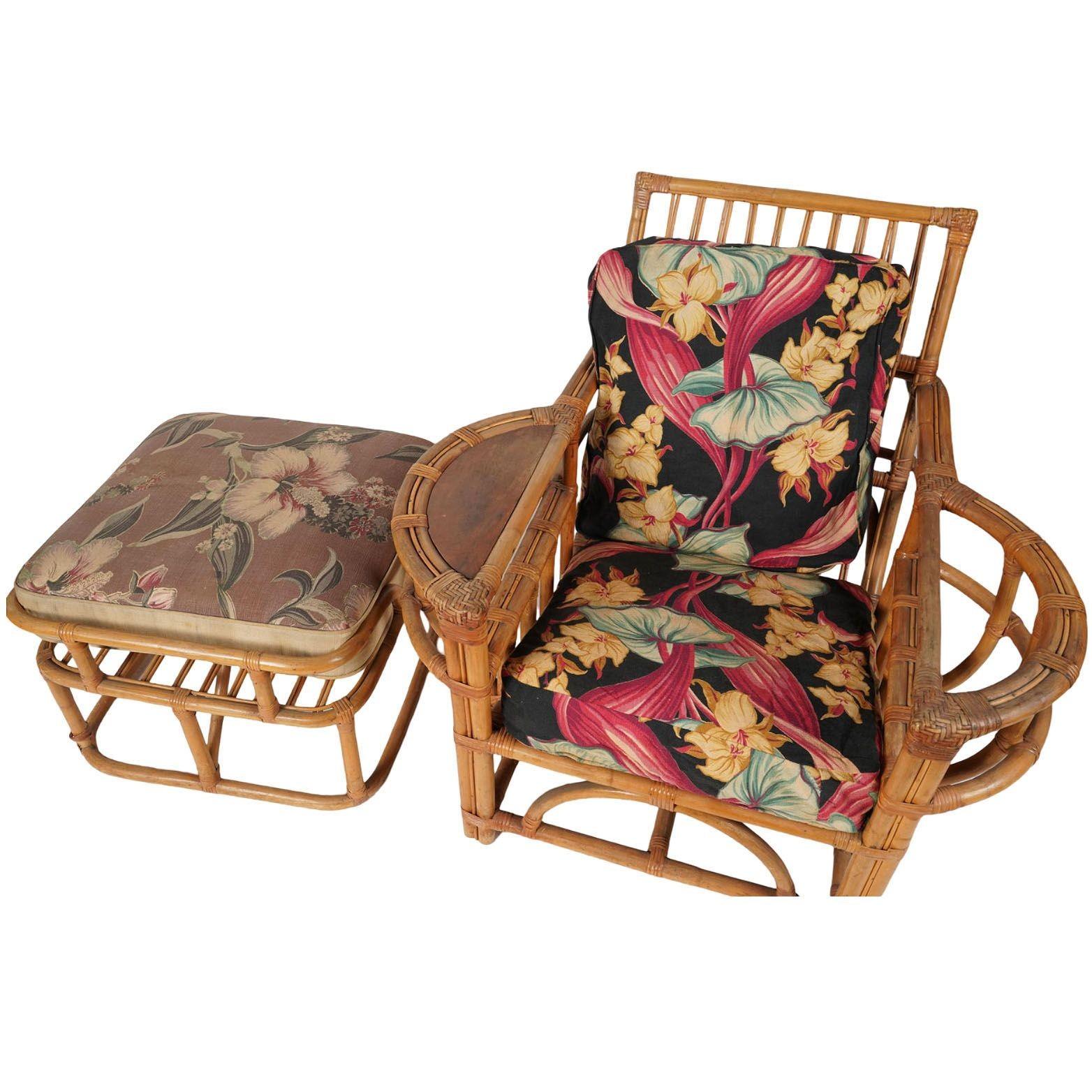 Rare MCM Canapé Chaise Ottomane en rotin à gradins Ensemble de salon avec tables d'appoint encastrées en vente 7