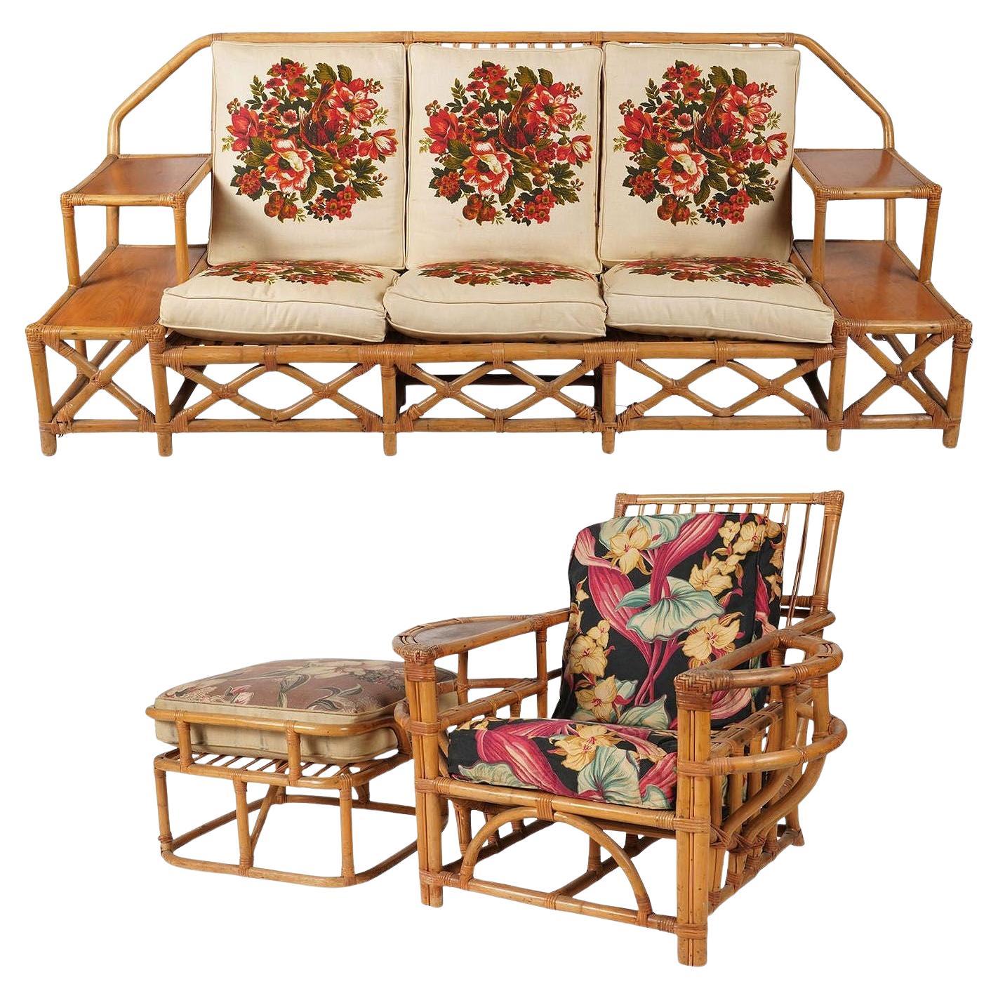 Rare MCM Stepped Rattan Sofa Chair Ottoman Livingroom Set w/ Built in End tables