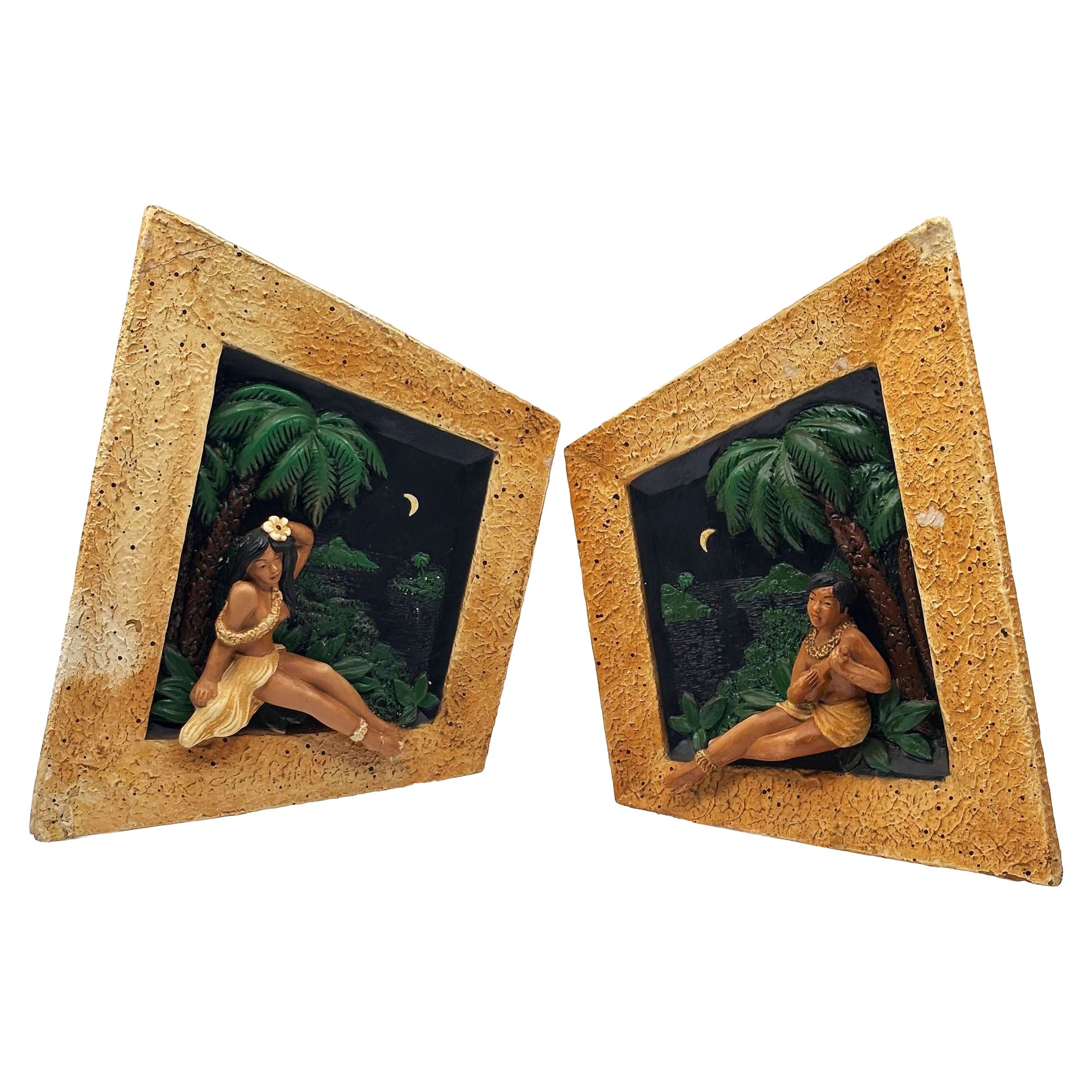 Seltene MCM Tropische Hula-Mädchen & Ukulele Junge Kunst Töpferei 3D Wandplastik, Paar