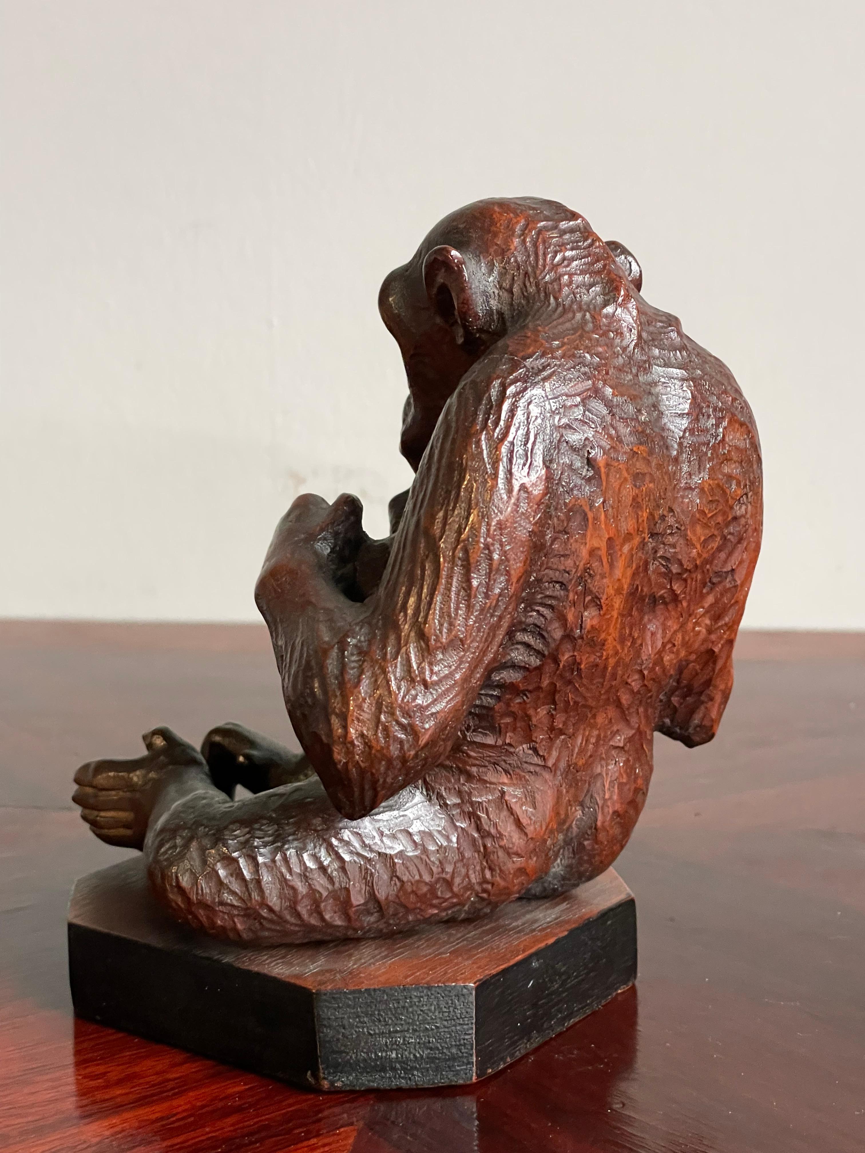 Rare & Meaningful Antique Hand Carved Nutwood, Navel Gazing Chimpanzee Sculpture For Sale 2