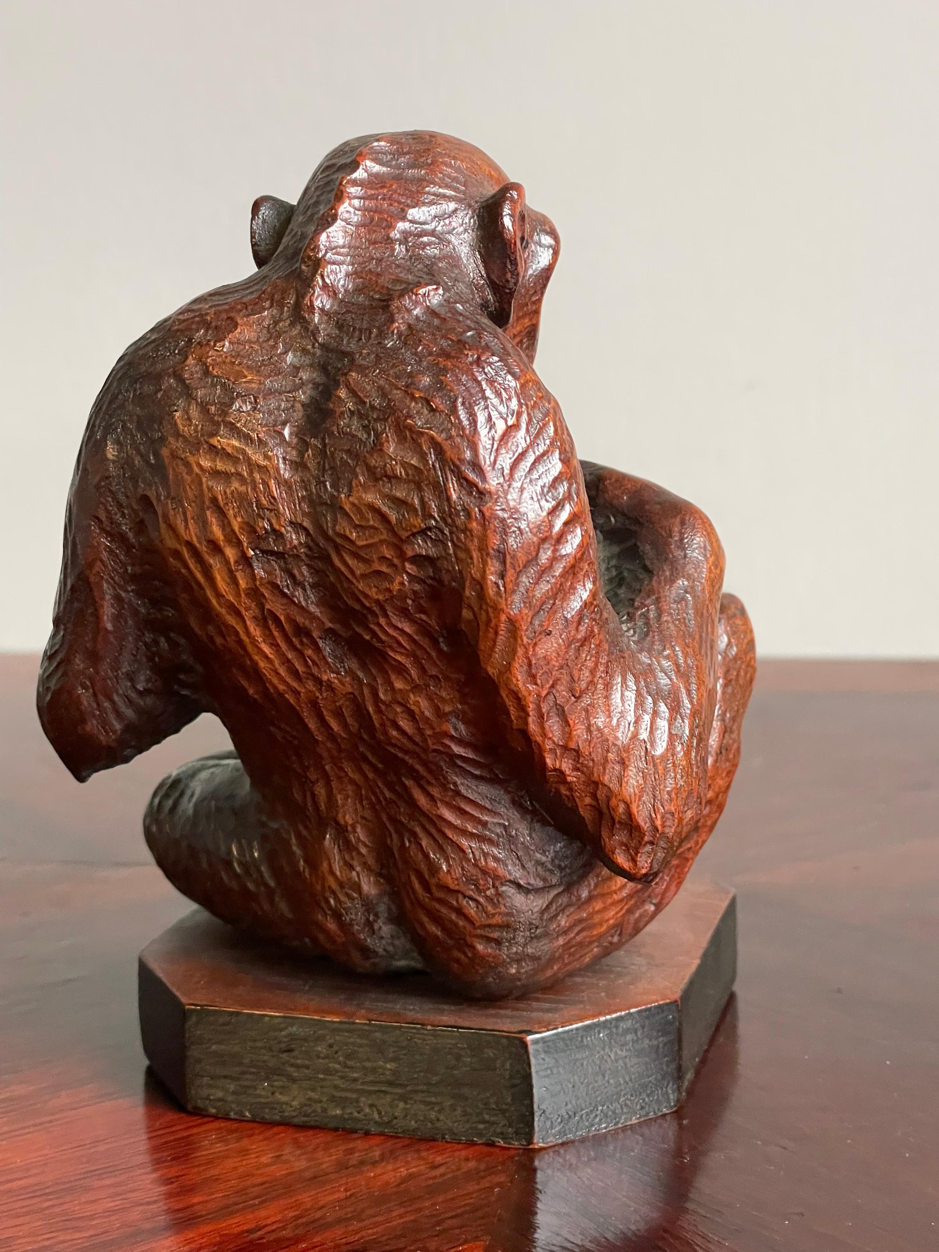 Rare & Meaningful Antique Hand Carved Nutwood, Navel Gazing Chimpanzee Sculpture For Sale 3