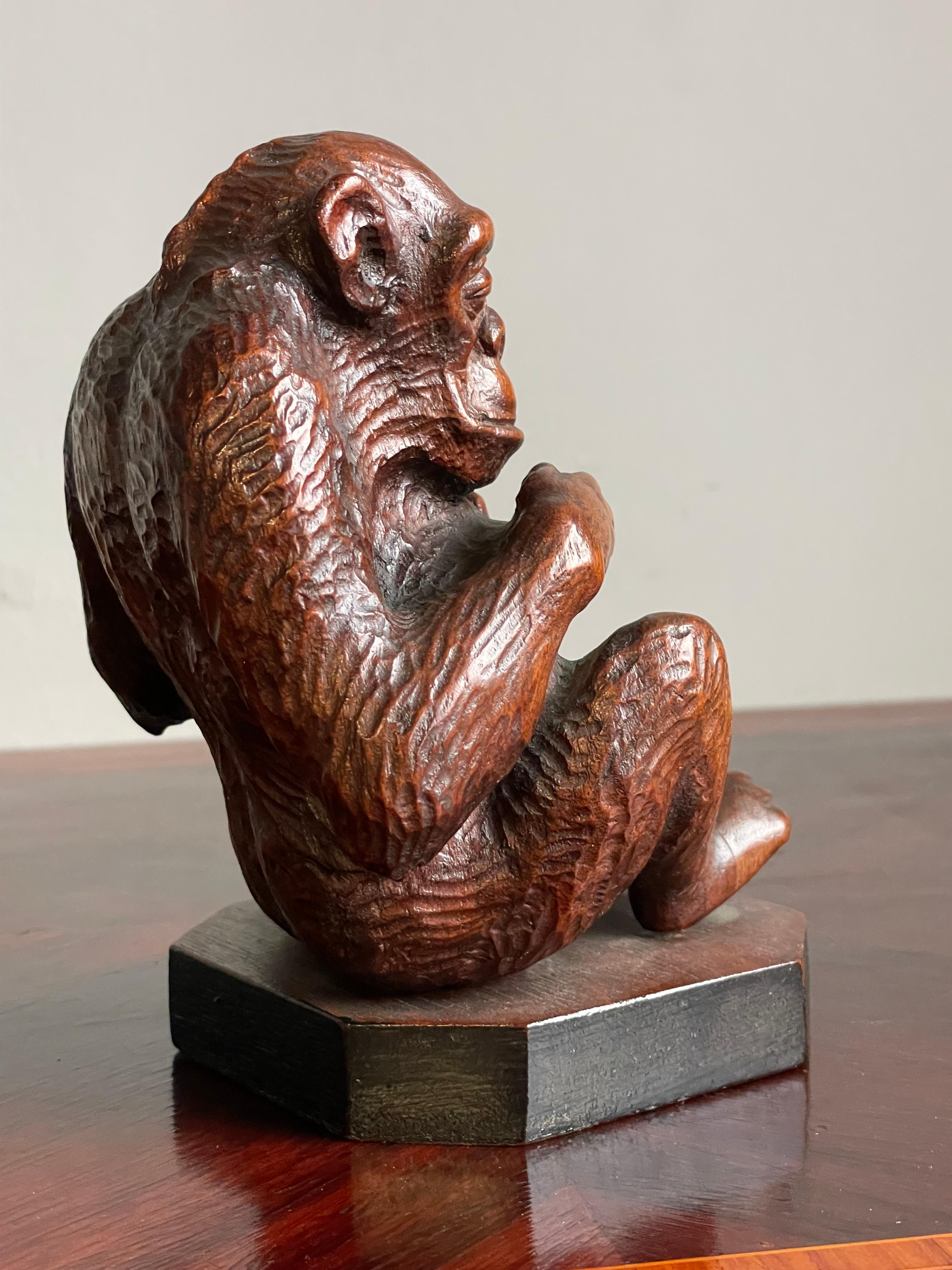 Rare & Meaningful Antique Hand Carved Nutwood, Navel Gazing Chimpanzee Sculpture For Sale 4