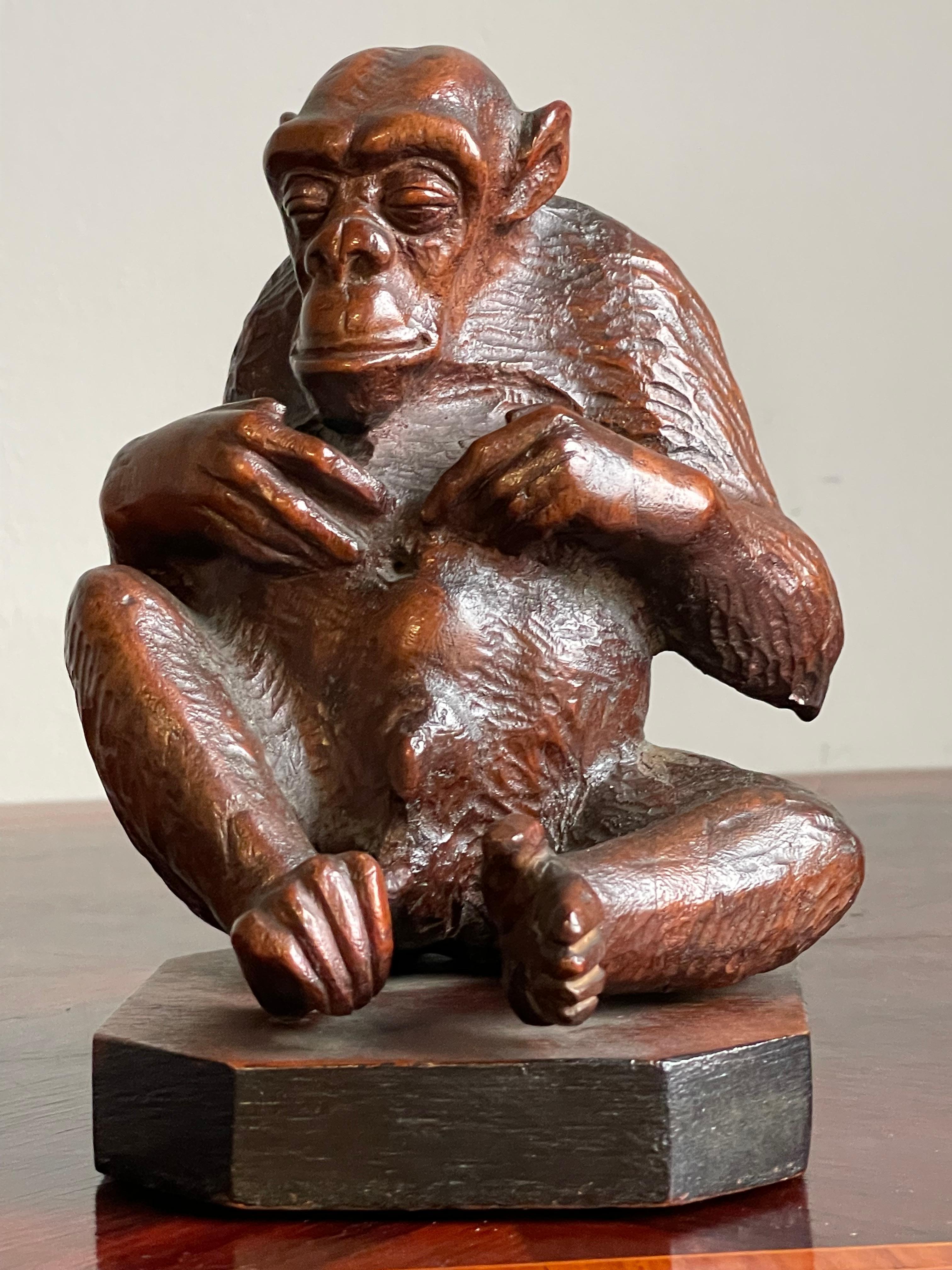 Rare & Meaningful Antique Hand Carved Nutwood, Navel Gazing Chimpanzee Sculpture For Sale 5