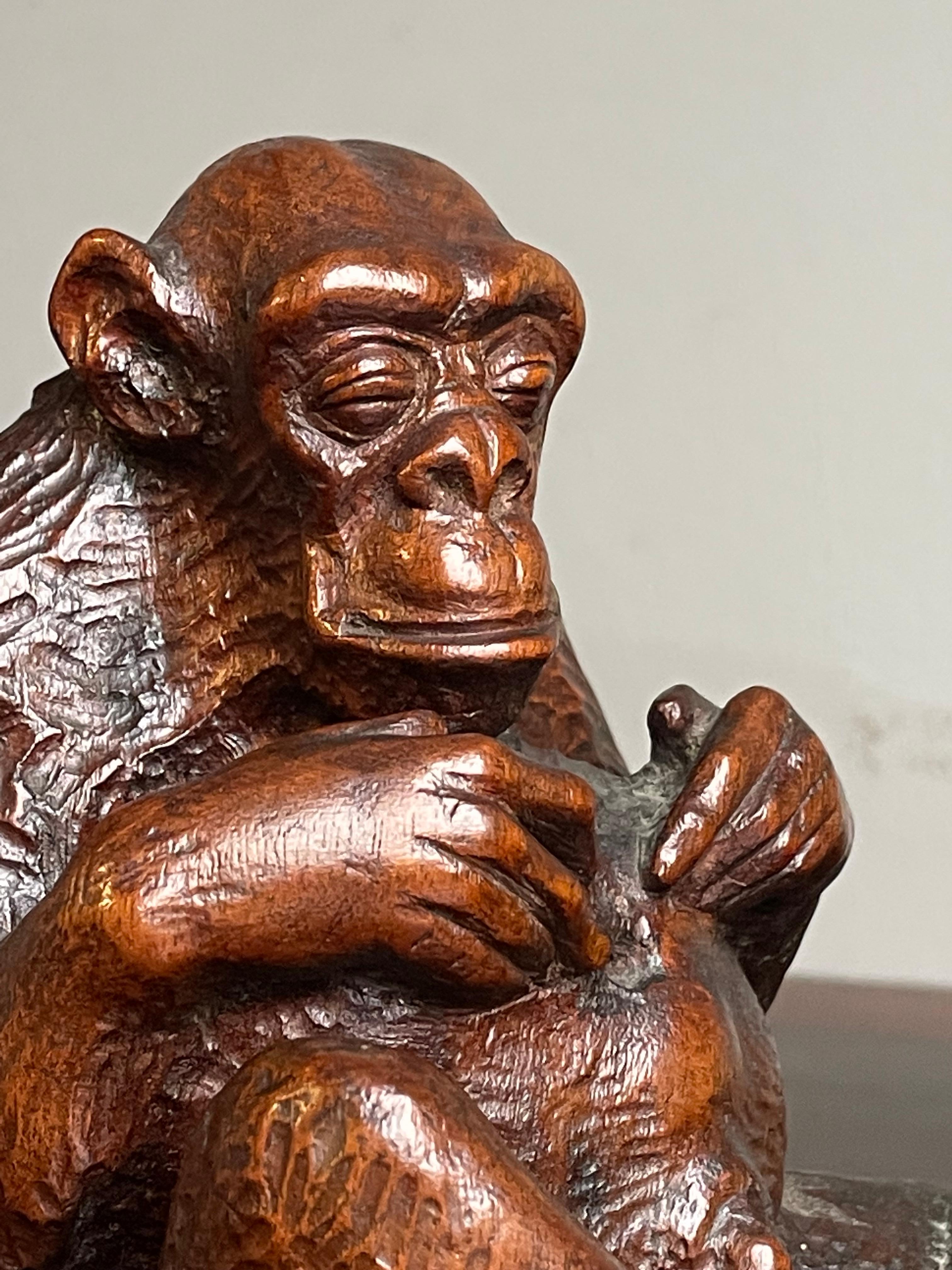Rare & Meaningful Antique Hand Carved Nutwood, Navel Gazing Chimpanzee Sculpture For Sale 6
