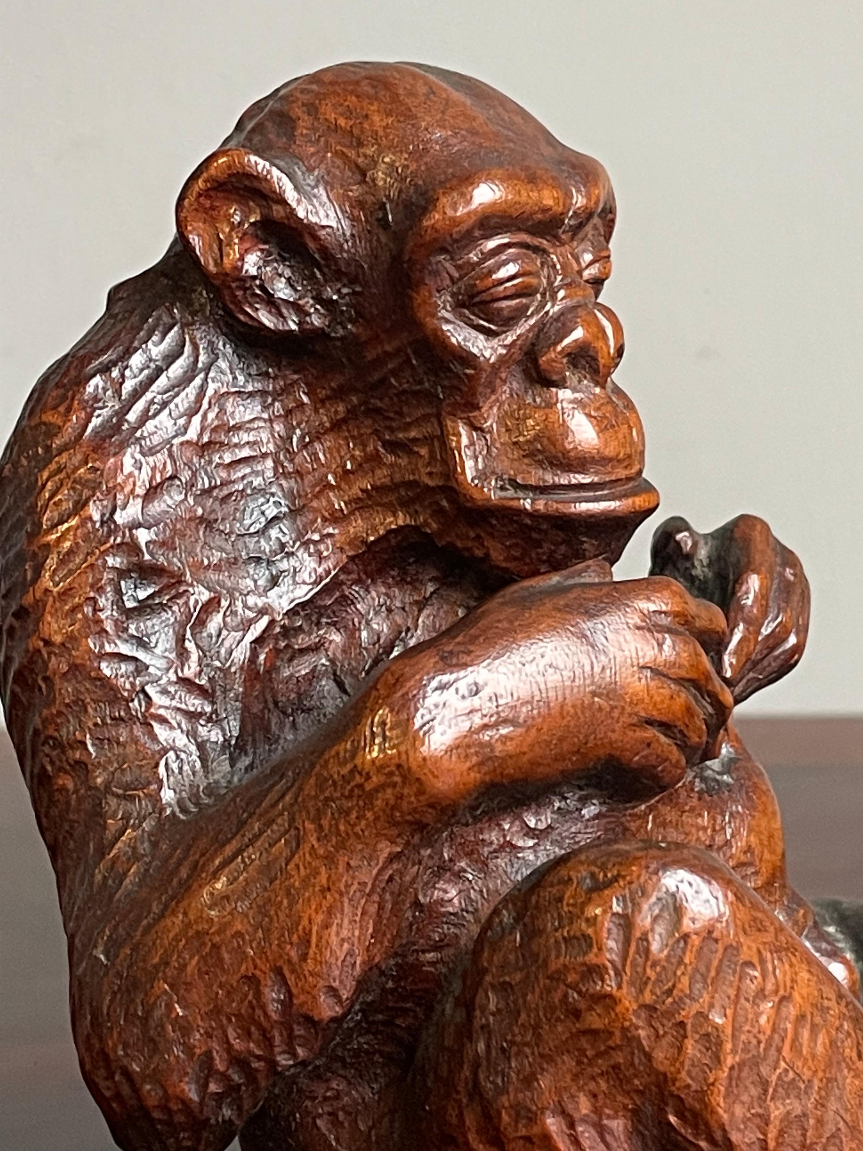 Rare & Meaningful Antique Hand Carved Nutwood, Navel Gazing Chimpanzee Sculpture For Sale 7
