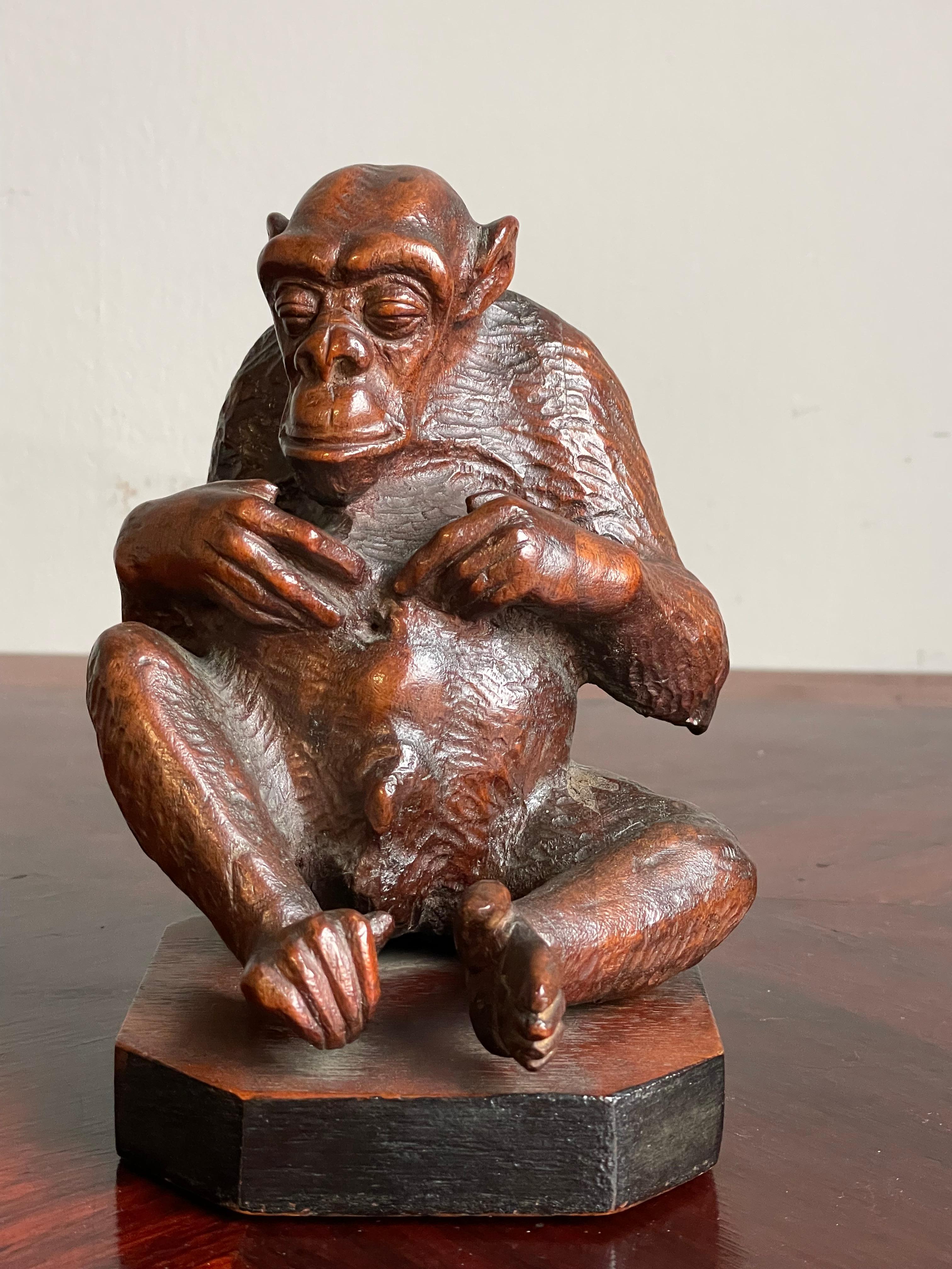 Rare & Meaningful Antique Hand Carved Nutwood, Navel Gazing Chimpanzee Sculpture For Sale 8