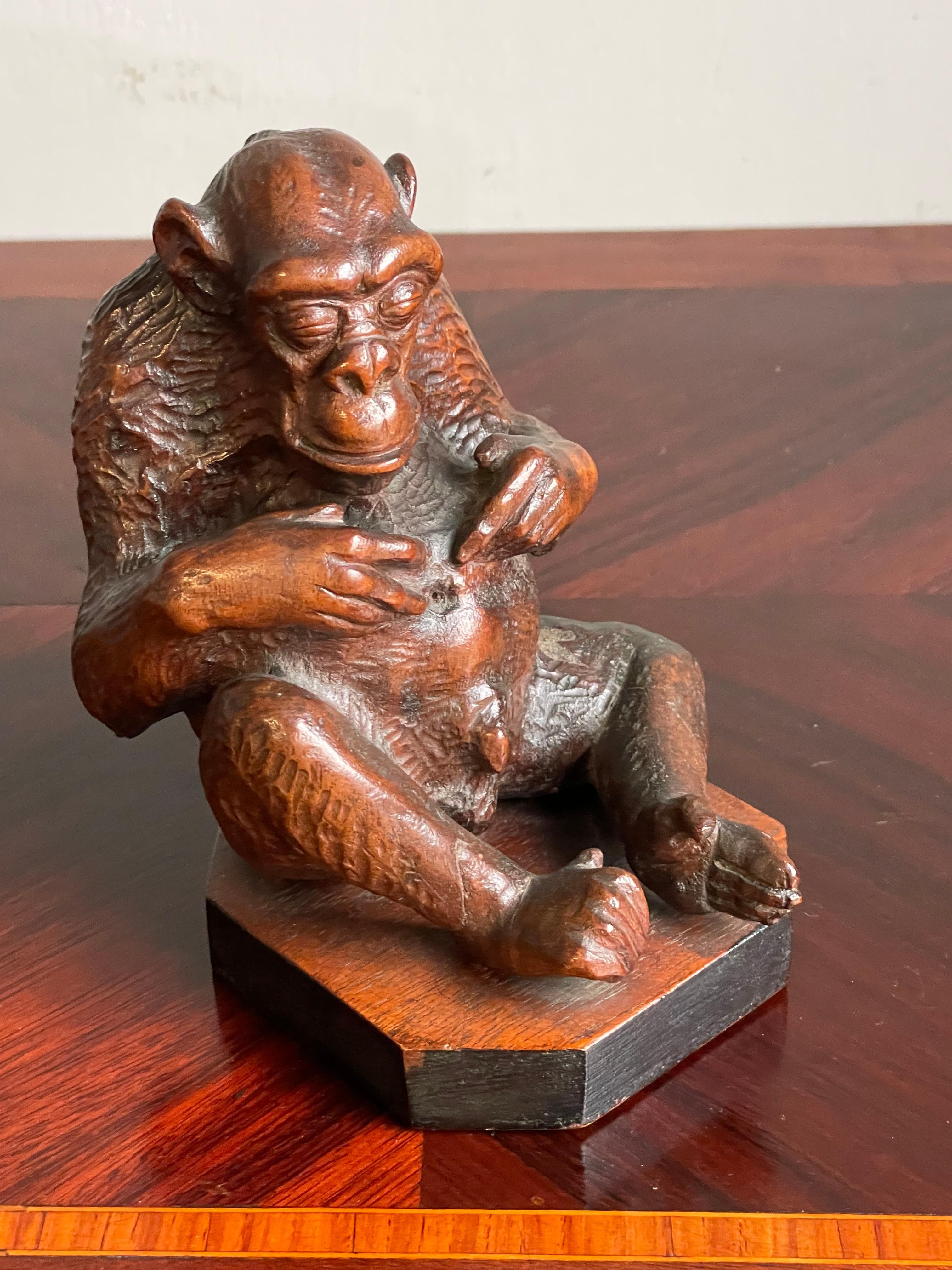 Rare & Meaningful Antique Hand Carved Nutwood, Navel Gazing Chimpanzee Sculpture For Sale 9