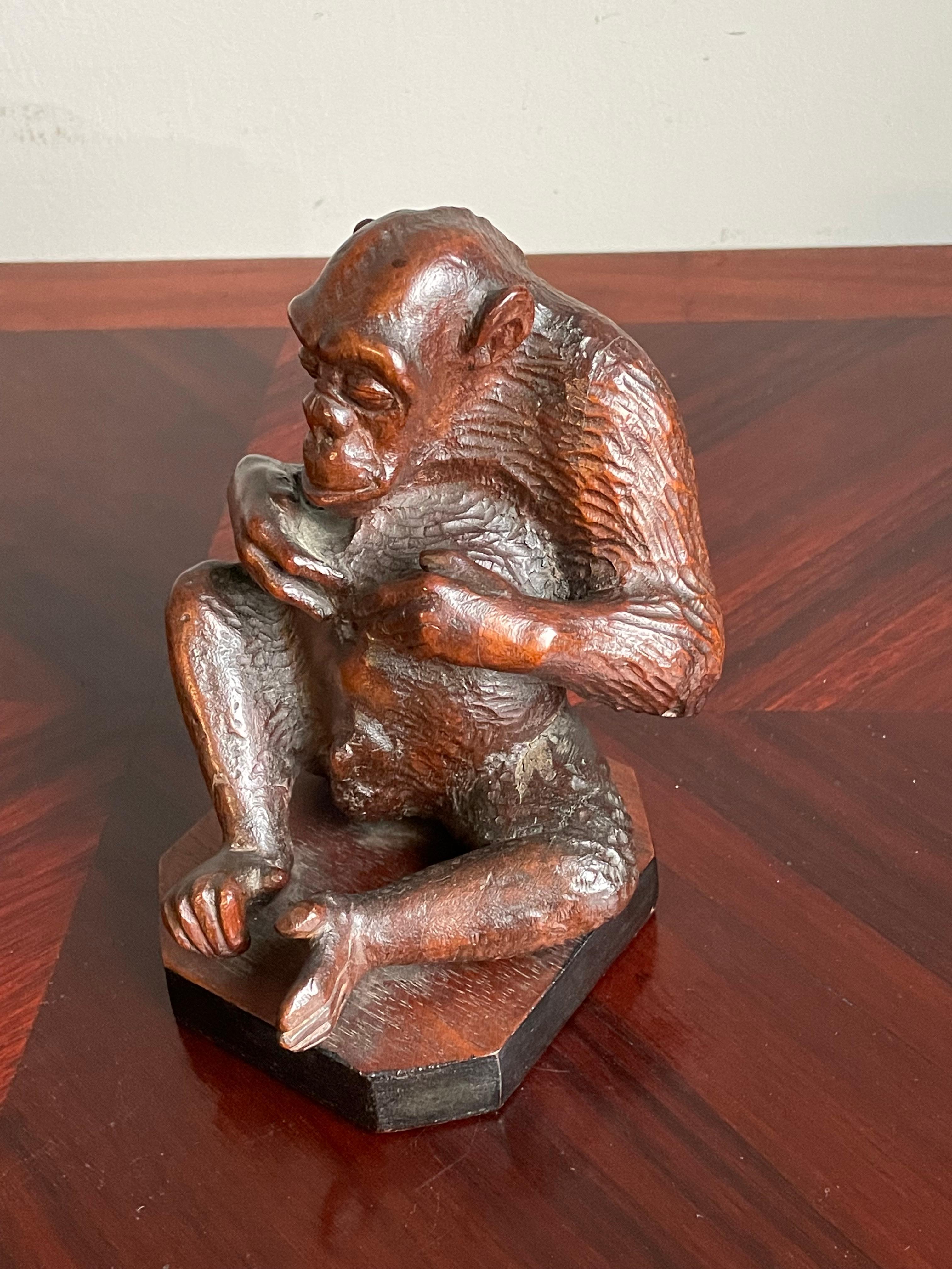 Seltene und wunderbare antike handgeschnitzte Chimpanzee-Skulptur aus Nussbaumholz, Navel Gazing (Geschwärzt) im Angebot