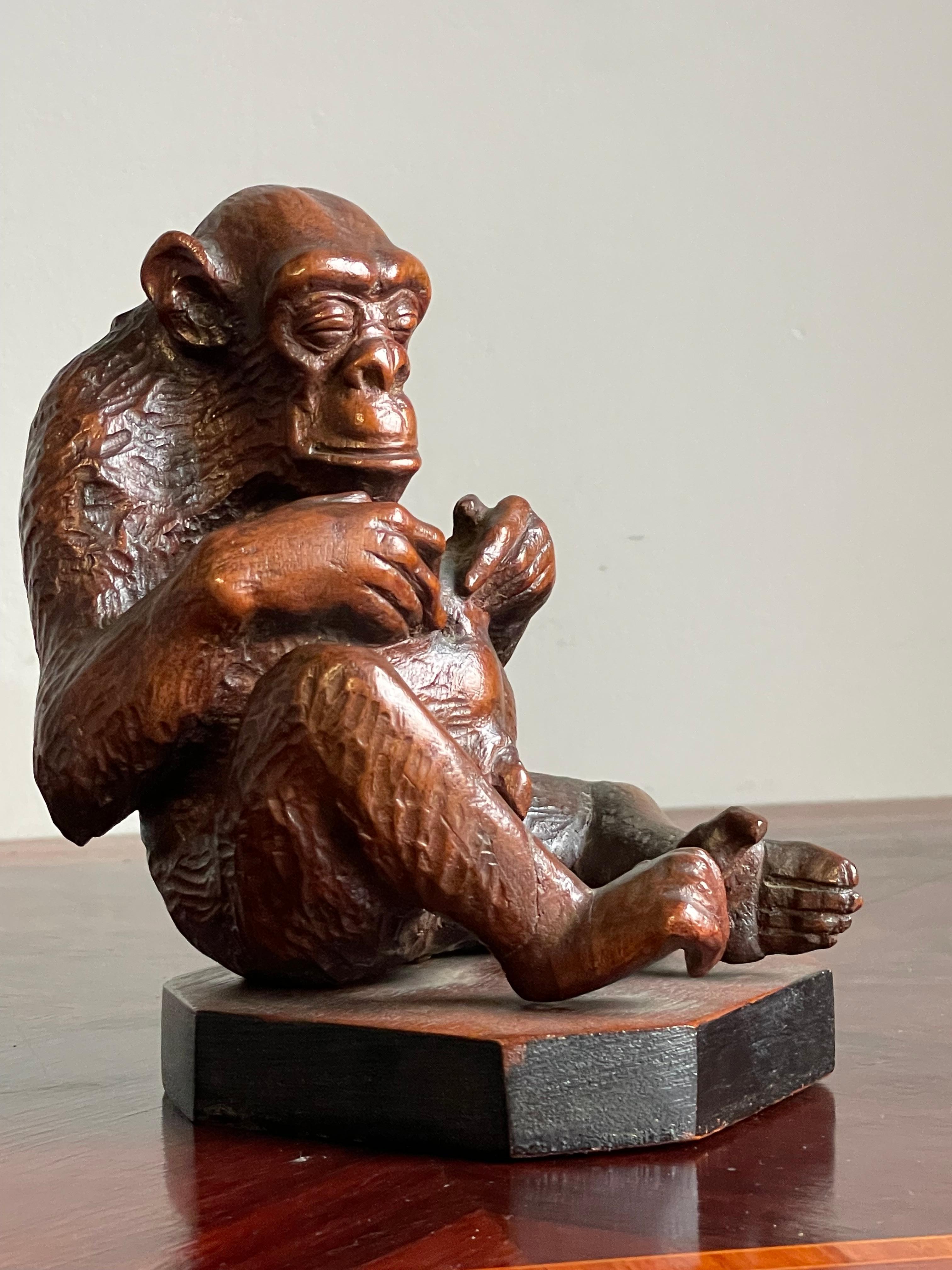 Seltene und wunderbare antike handgeschnitzte Chimpanzee-Skulptur aus Nussbaumholz, Navel Gazing im Zustand „Hervorragend“ im Angebot in Lisse, NL