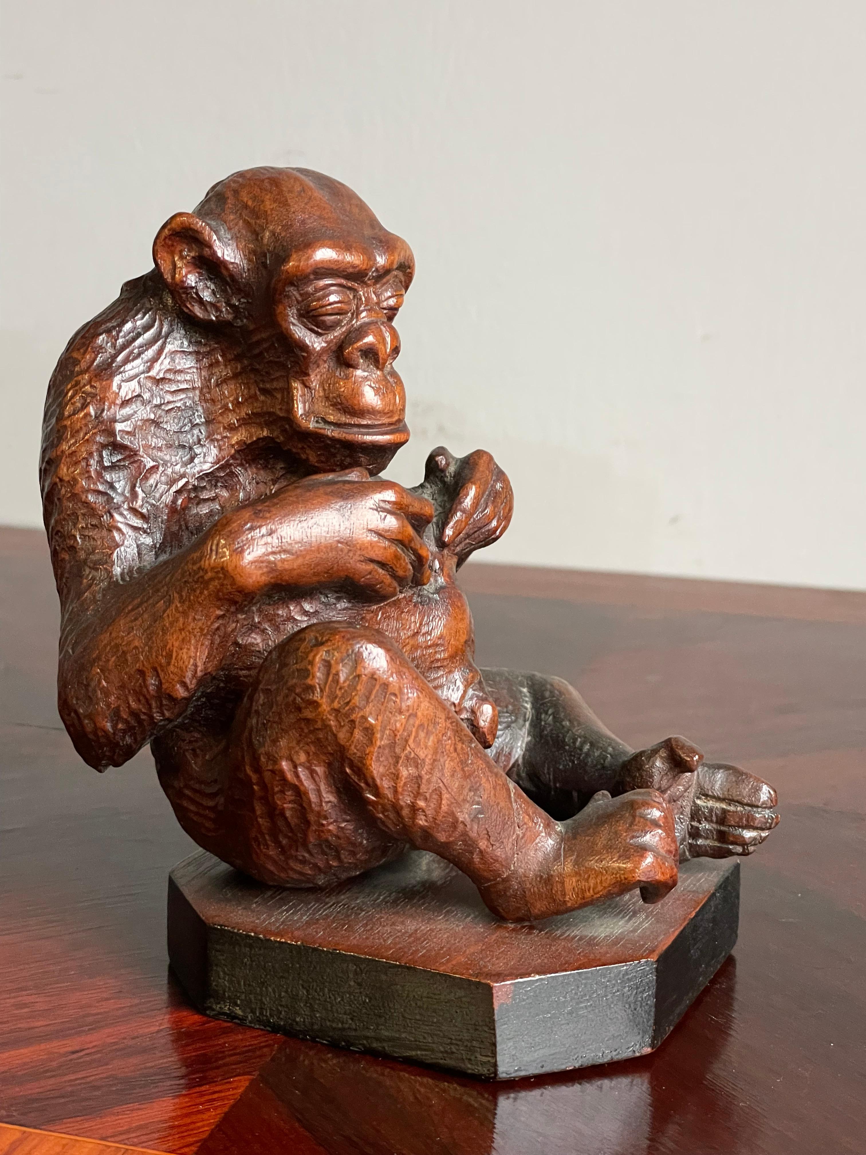 Wood Rare & Meaningful Antique Hand Carved Nutwood, Navel Gazing Chimpanzee Sculpture For Sale