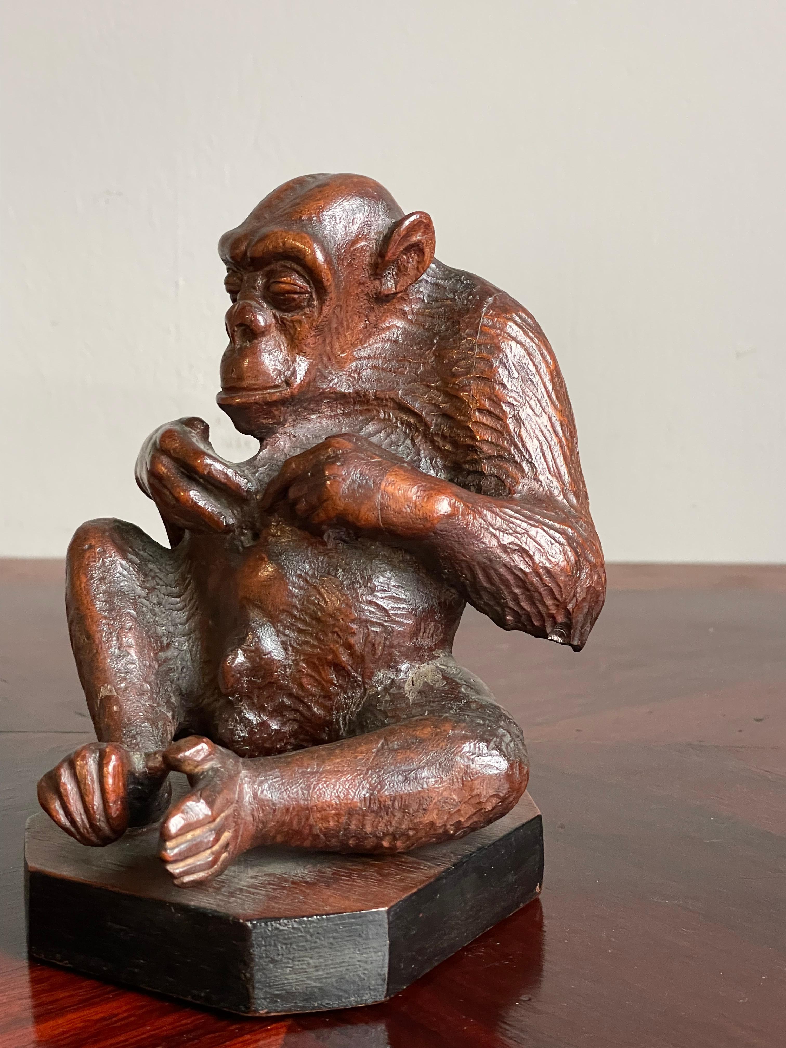 Rare & Meaningful Antique Hand Carved Nutwood, Navel Gazing Chimpanzee Sculpture For Sale 1