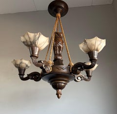 Rare & Meaningful Art Deco 5-Light Chandelier w Owl Sculpture & Alabaster Shades