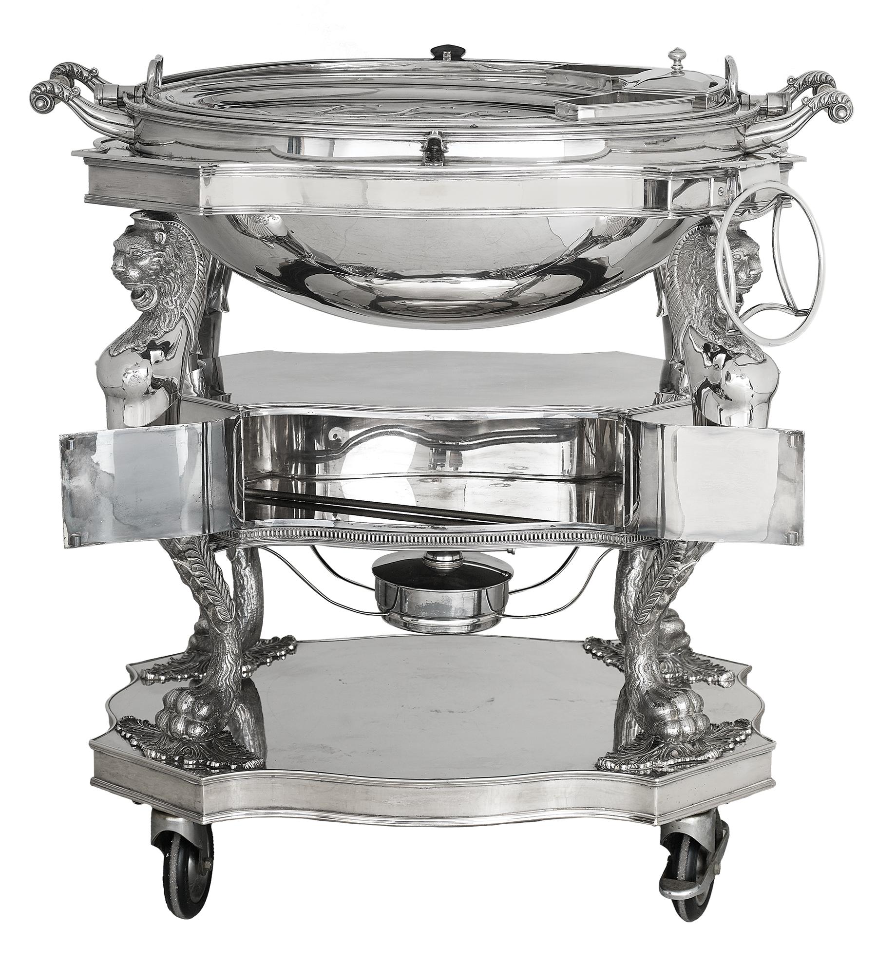 An impressive English silver plate roast beef trolley

We also love using this great entertaining piece for charcuterie , cheeses, desserts or just about anything that requires a tray. A gorgeous centerpiece for any room. This was made in the