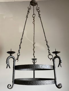 Rare Medieval Style Hand-Forged Wrought Iron Dragon Chandelier - Candle Holder