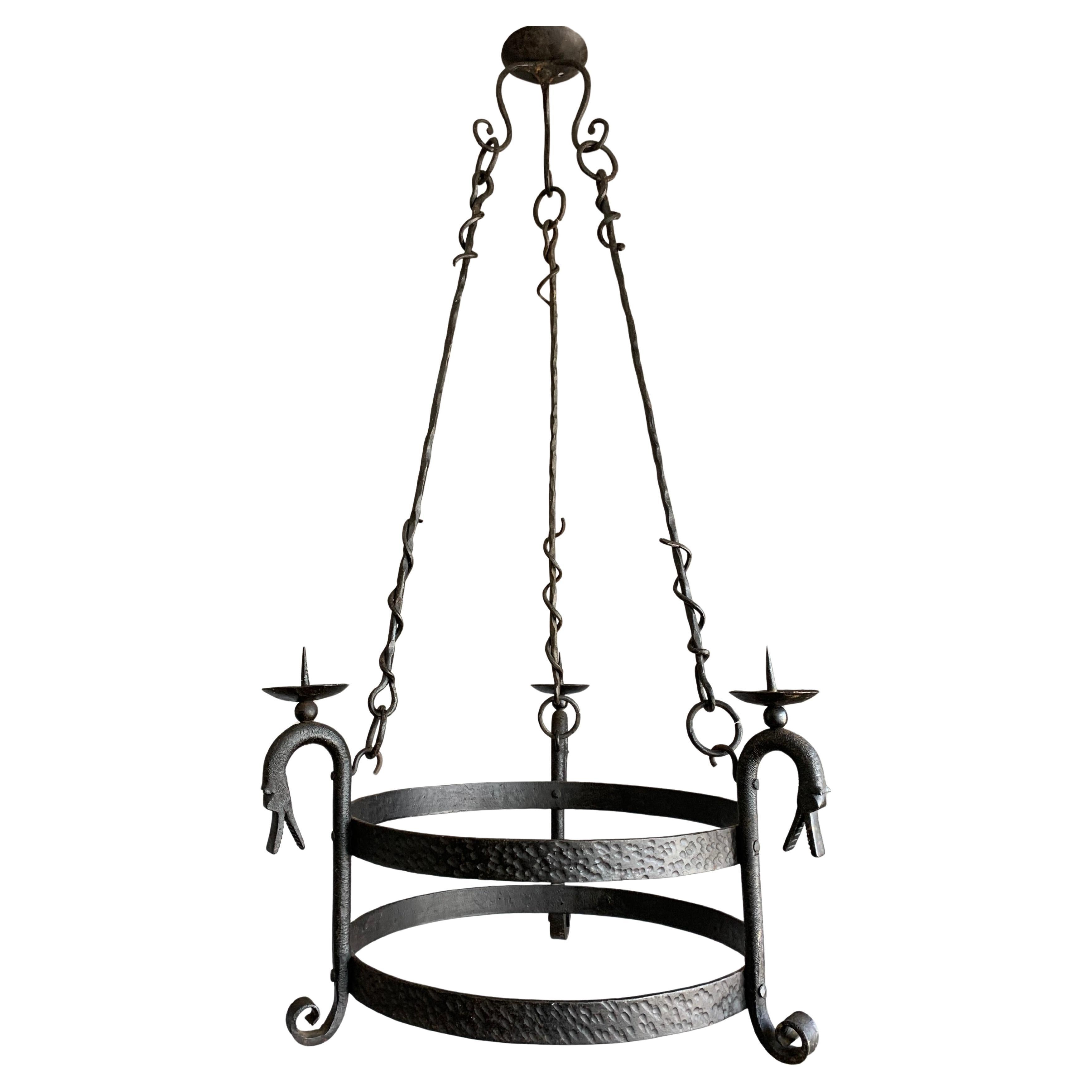 Rare Medieval Style Hand-Forged Wrought Iron Dragon Chandelier - Candle Holder