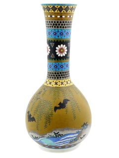 Rare Meiji Japanese Cloisonne Enamel On Porcelain Bats Vase Signed