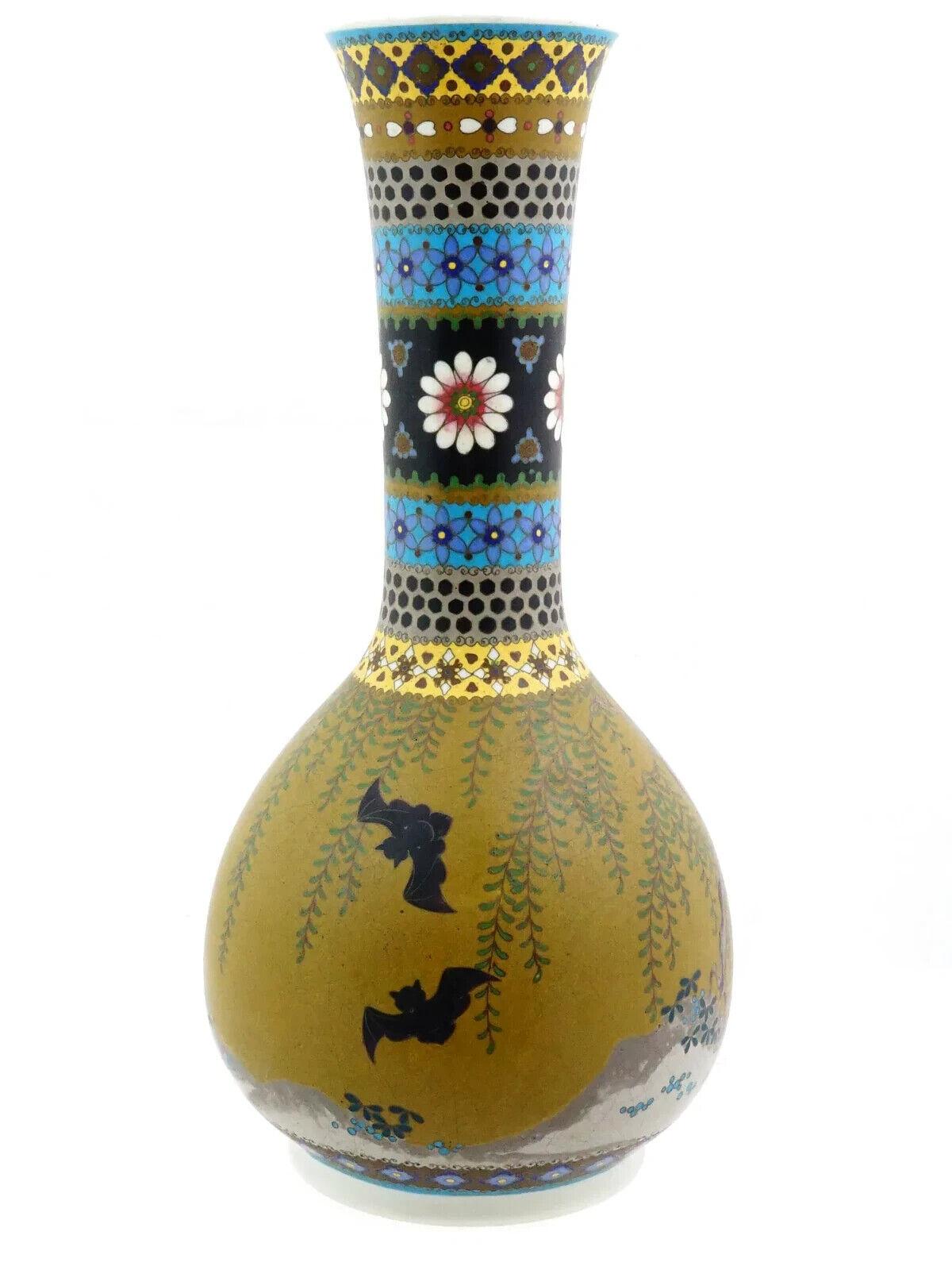 Cloissoné Rare Meiji Japanese Cloisonne Enamel On Porcelain Bats Vase Signed For Sale