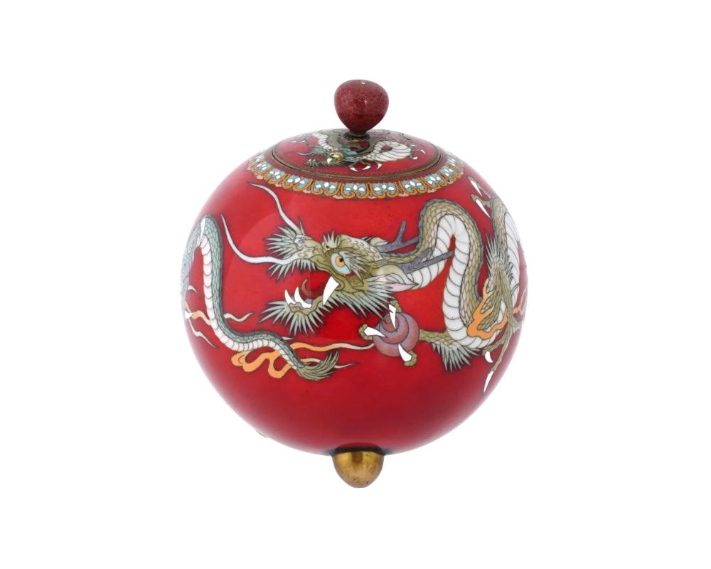 Rare Meiji Japanese Cloisonne Red Enamel Green and White Dragon Jar In Good Condition For Sale In New York, NY