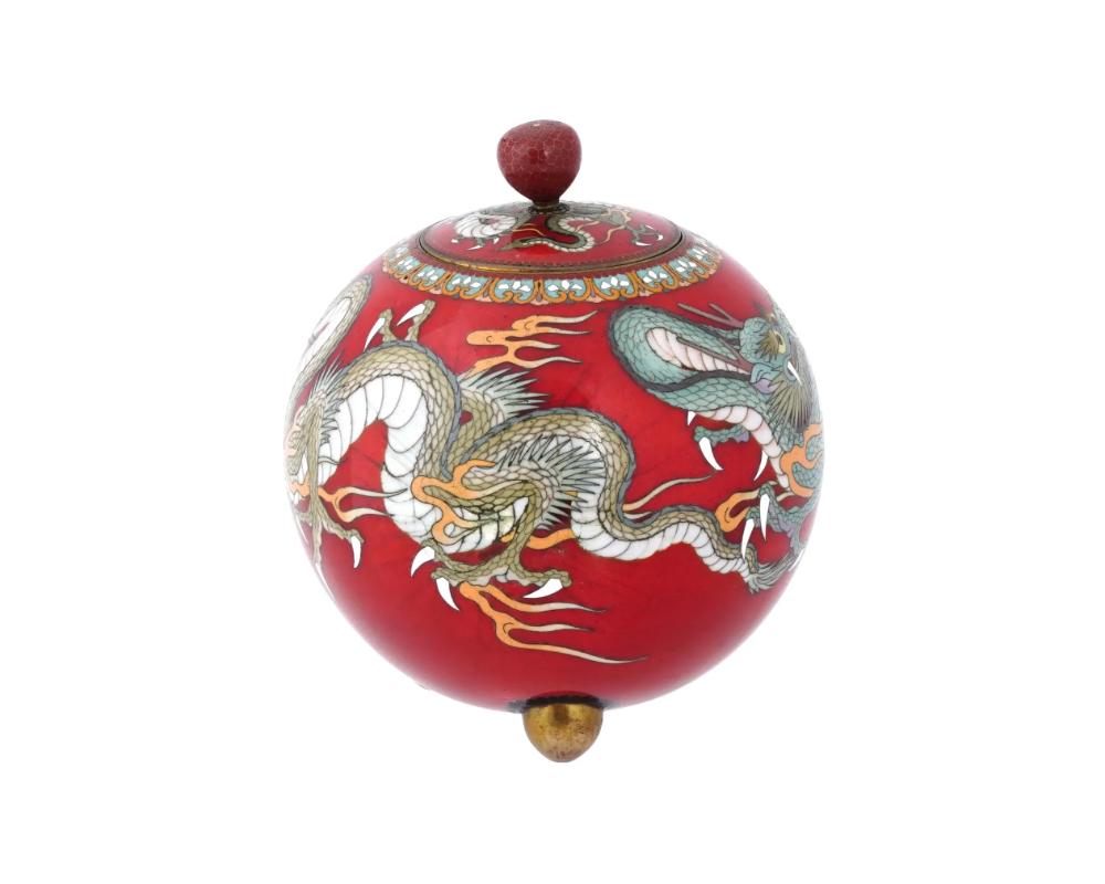 19th Century Rare Meiji Japanese Cloisonne Red Enamel Green and White Dragon Jar For Sale