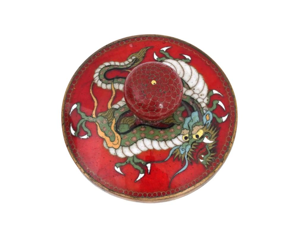 Rare Meiji Japanese Cloisonne Red Enamel Green and White Dragon Jar For Sale 4